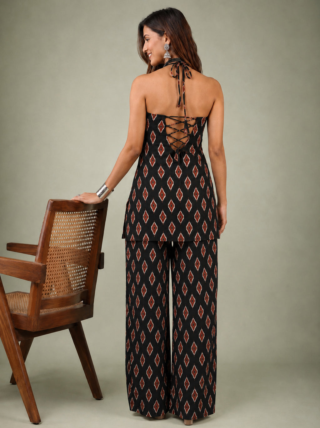 Cotton Halter Neck Kurti Palazzo Set – Black Ikat