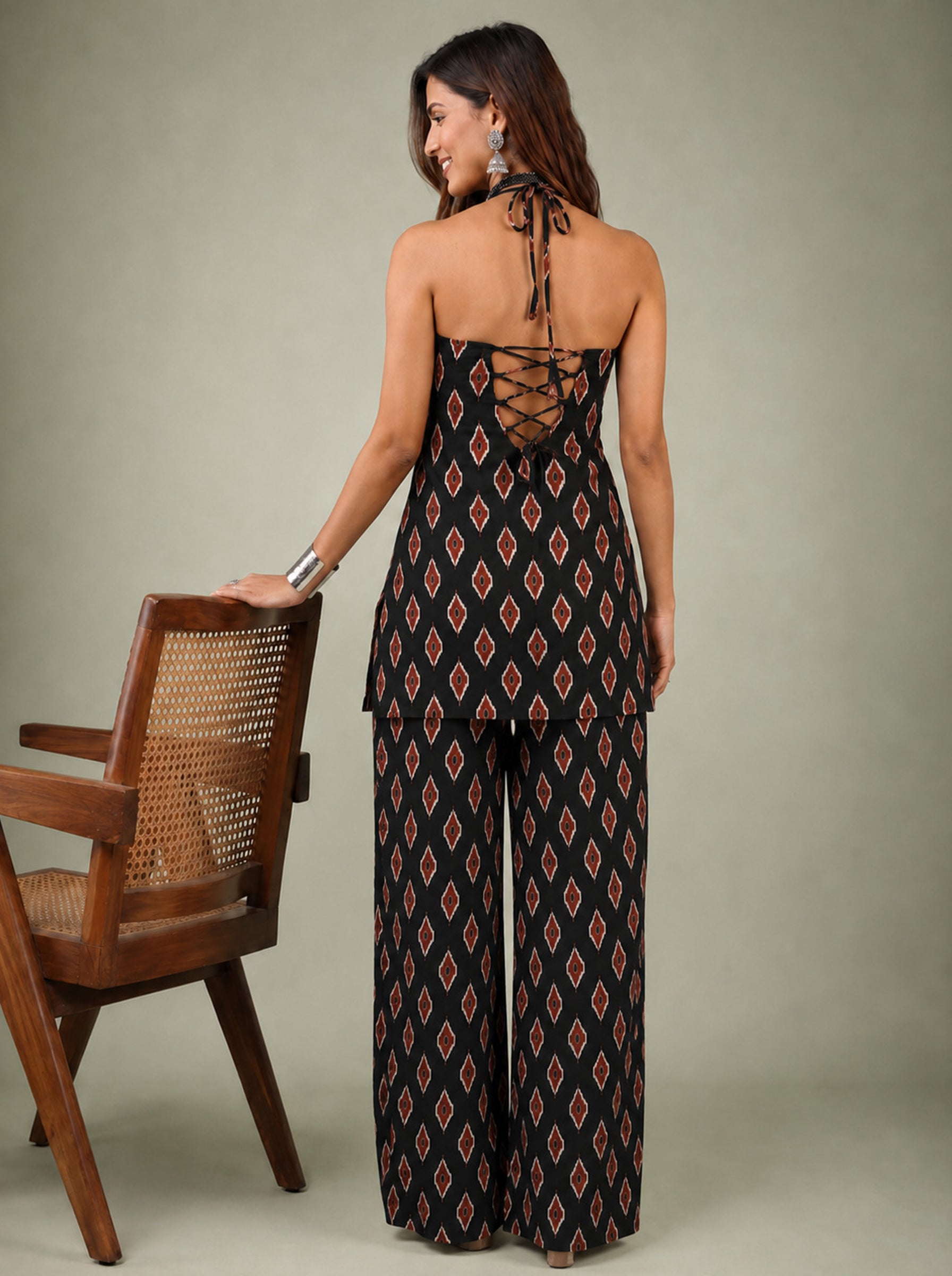 Cotton Halter Neck Kurti Palazzo Set – Black Ikat
