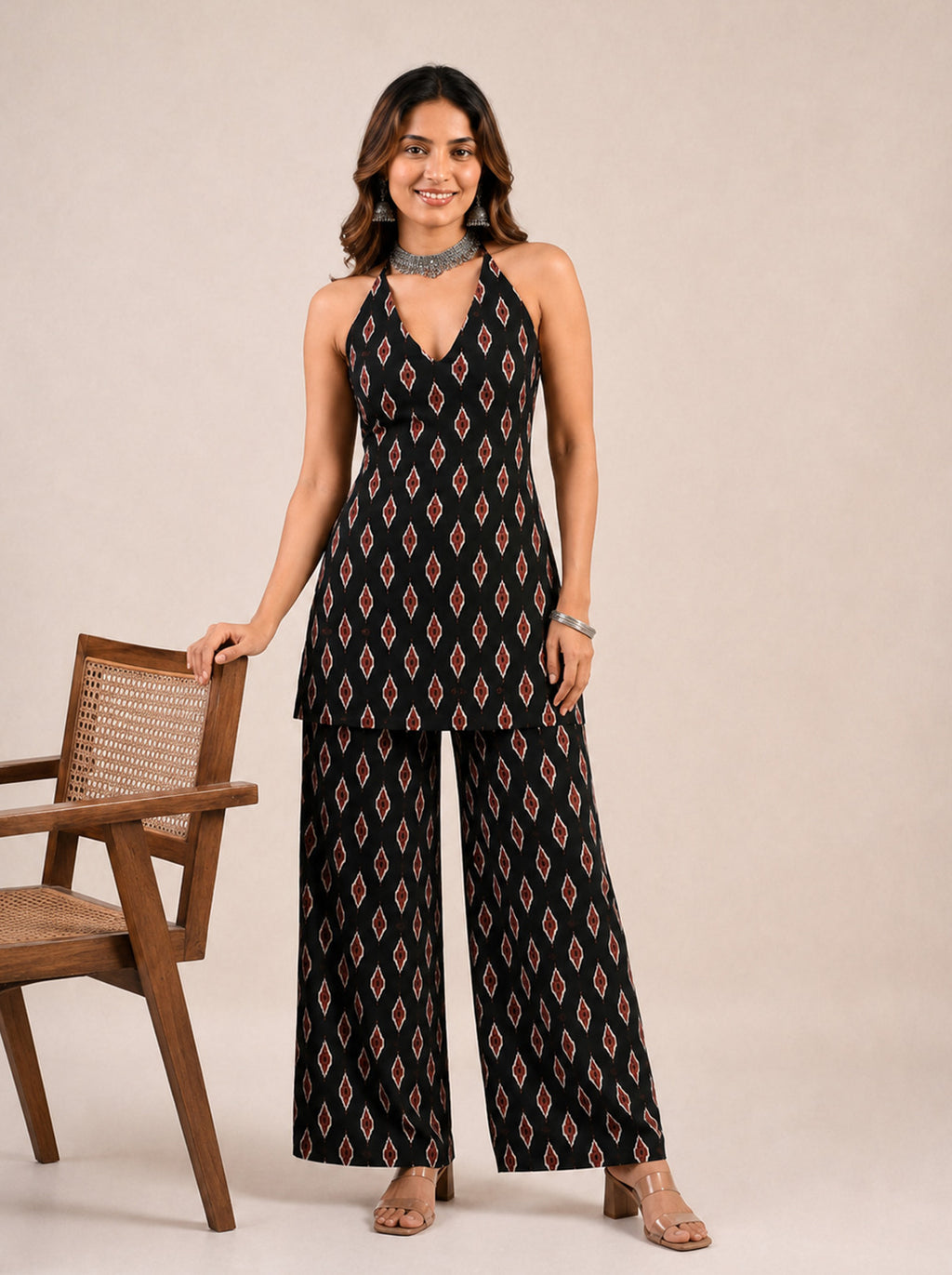 Cotton Halter Neck Kurti Palazzo Set – Black Ikat