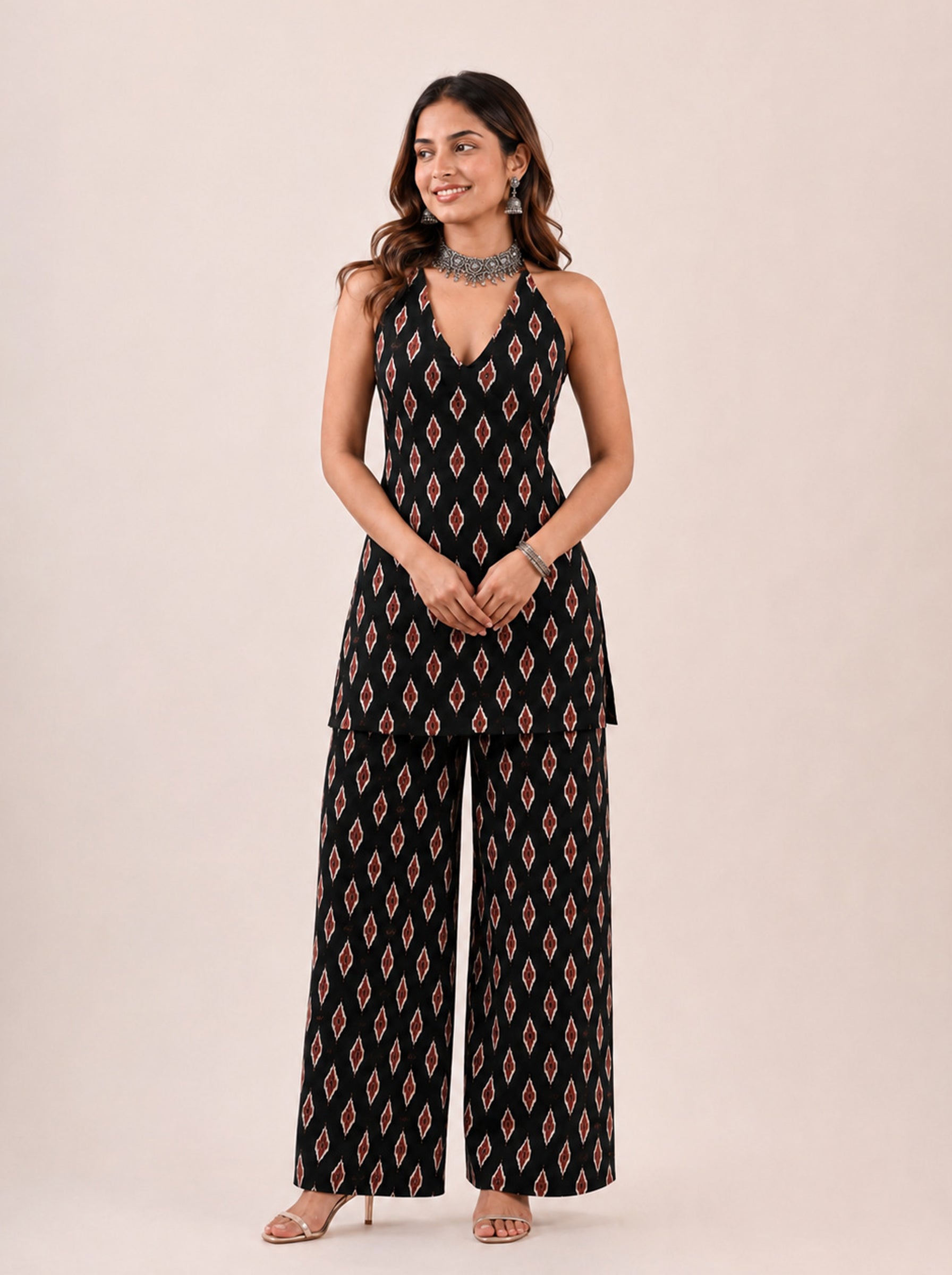 Cotton Halter Neck Kurti Palazzo Set – Black Ikat