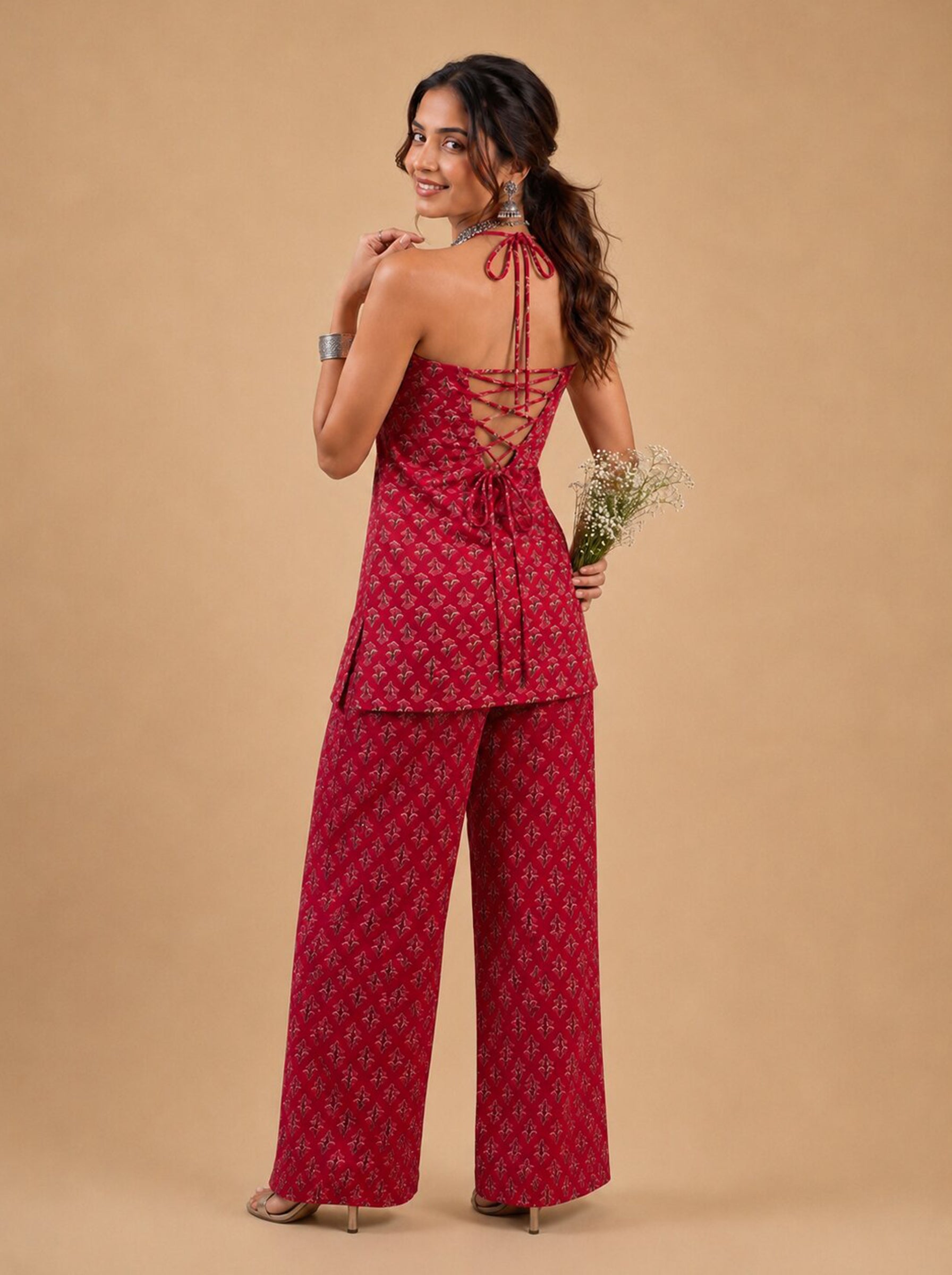 Cotton Halter Neck Kurti Palazzo Set – Rose Red