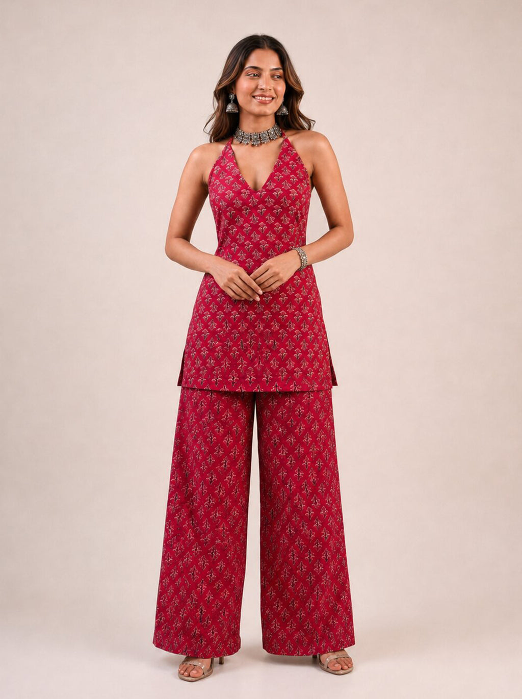 Cotton Halter Neck Kurti Palazzo Set – Rose Red