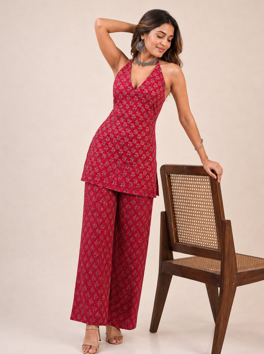 Cotton Halter Neck Kurti Palazzo Set – Rose Red