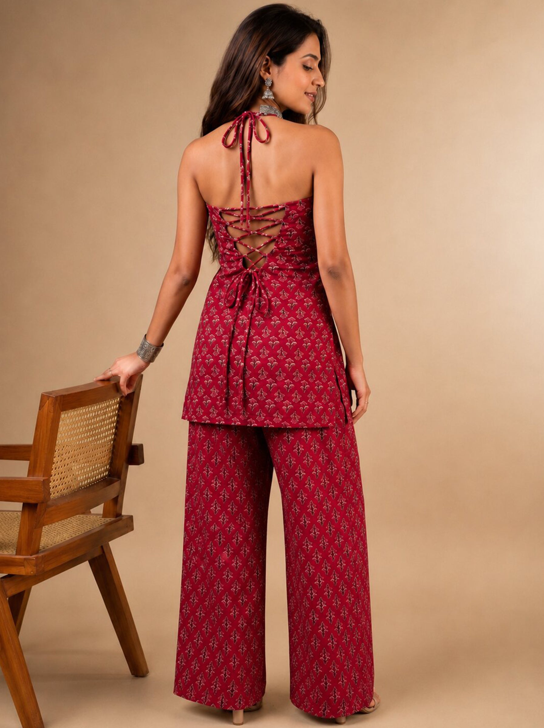 Cotton Halter Neck Kurti Palazzo Set – Rose Red