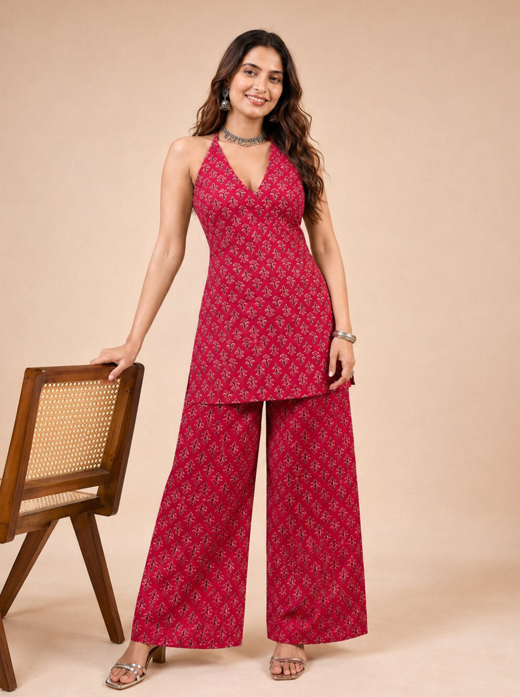 Cotton Halter Neck Kurti Palazzo Set – Rose Red