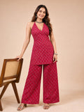 Cotton Halter Neck Kurti Palazzo Set – Rose Red