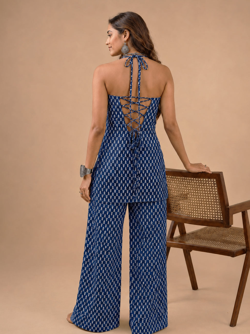 Cotton Halter Neck Kurti Palazzo Set – Navy Blue