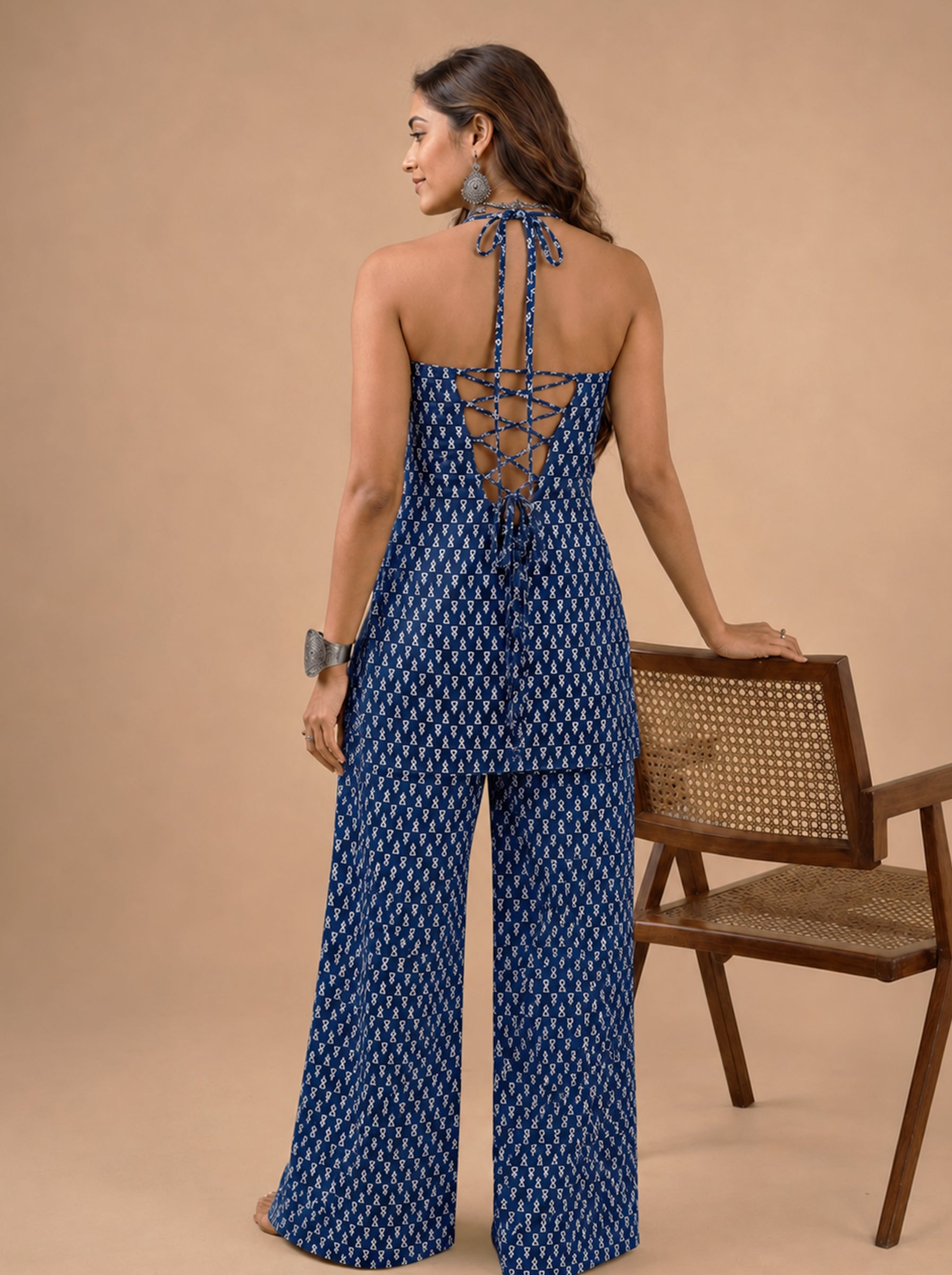 Cotton Halter Neck Kurti Palazzo Set – Navy Blue