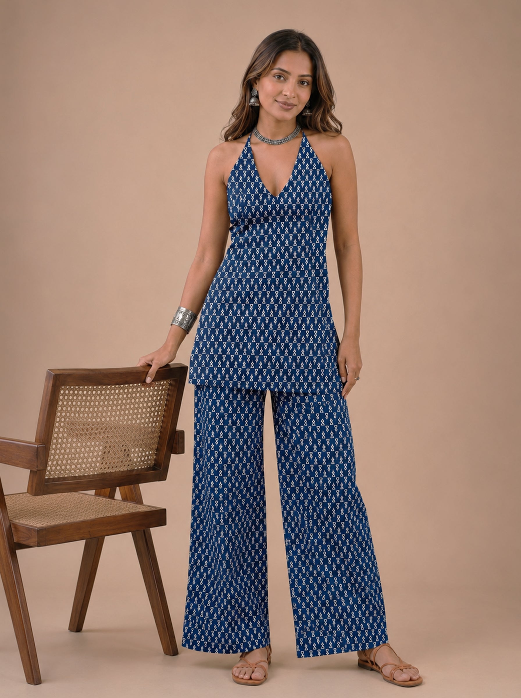 Cotton Halter Neck Kurti Palazzo Set – Navy Blue