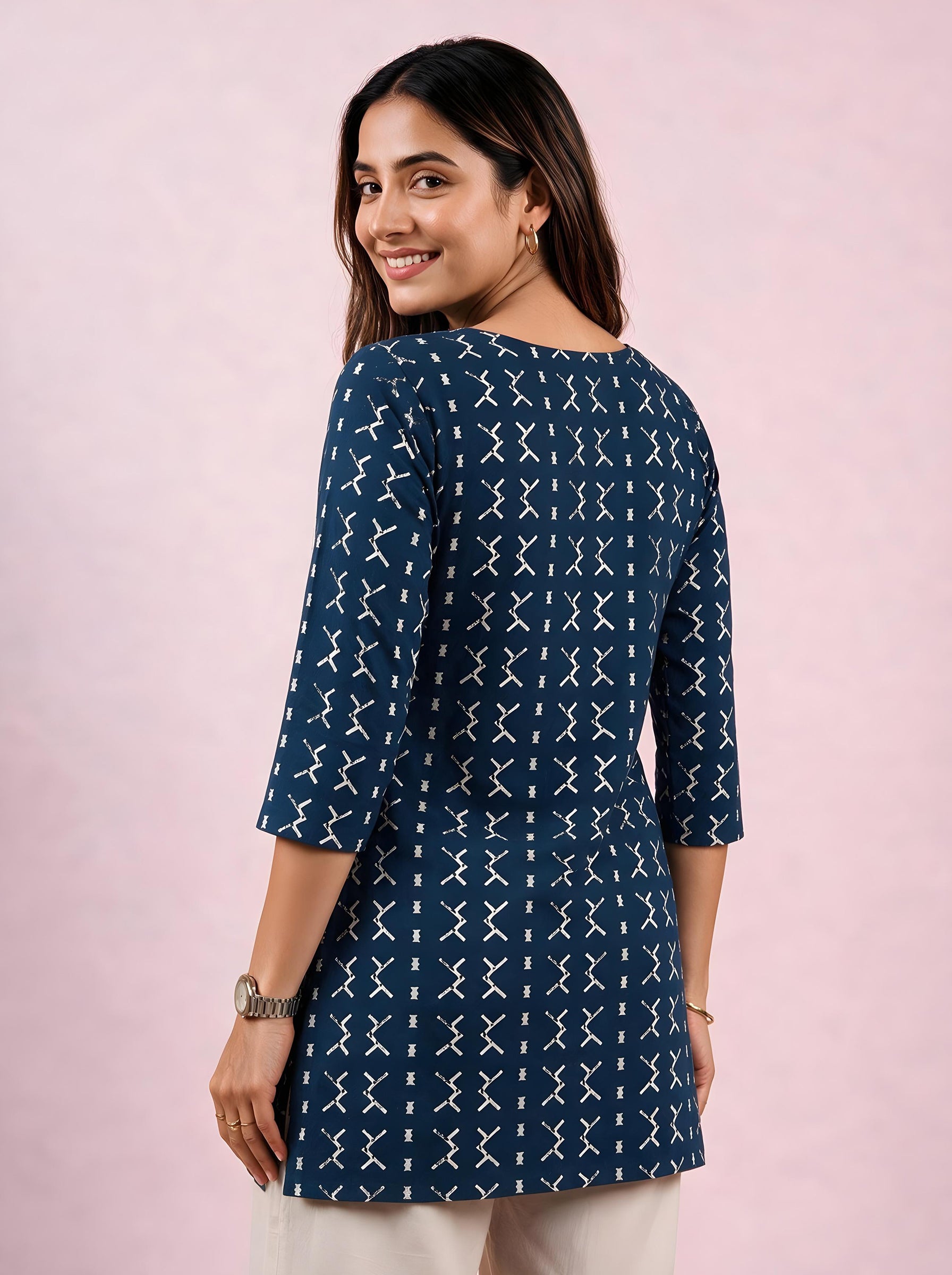 Cotton Notch Neck Short Kurti – Indigo