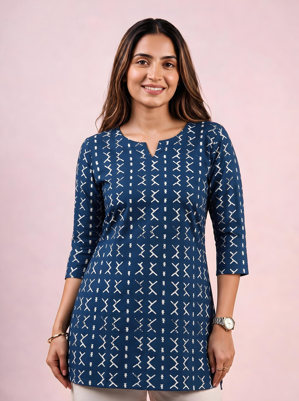 Cotton Notch Neck Short Kurti – Indigo
