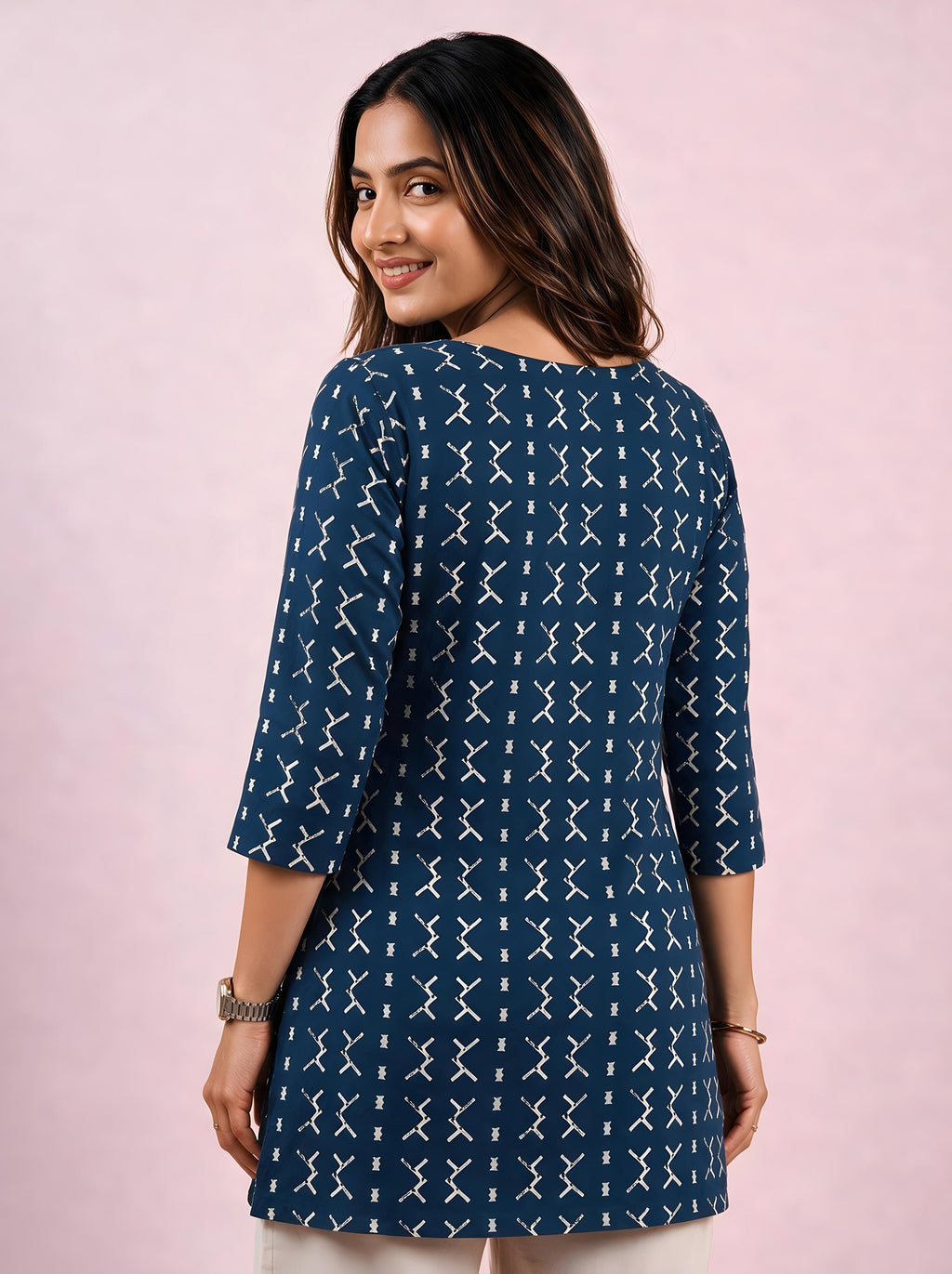 Cotton Notch Neck Short Kurti – Indigo