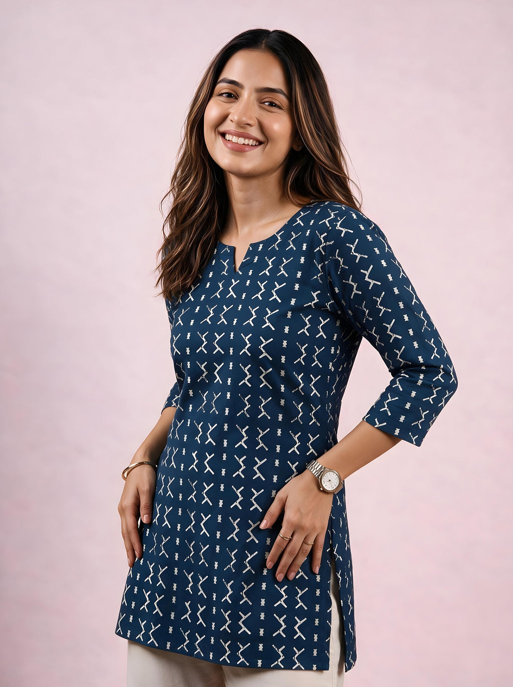 Cotton Notch Neck Short Kurti – Indigo