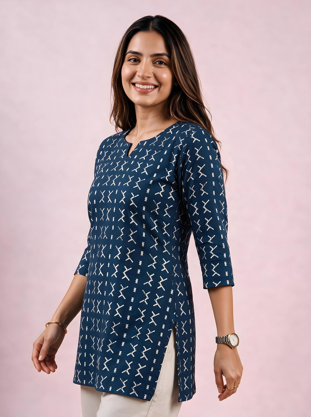 Cotton Notch Neck Short Kurti – Indigo