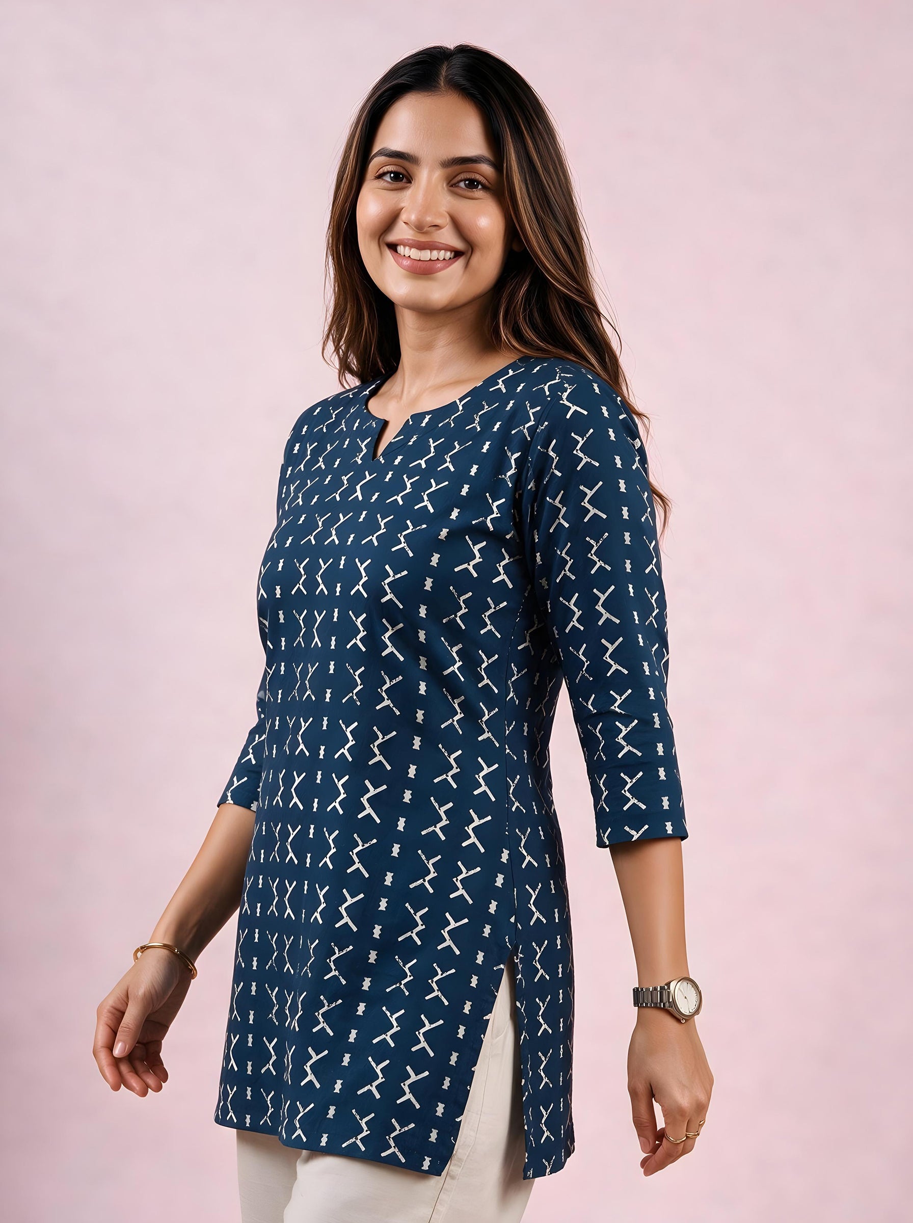 Cotton Notch Neck Short Kurti – Indigo