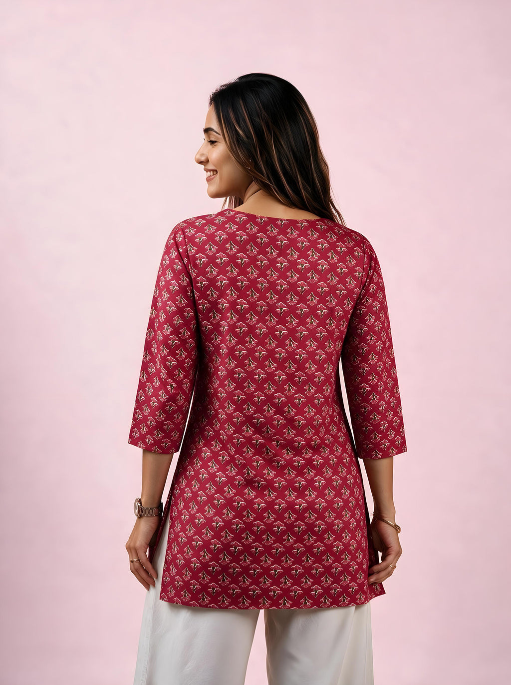 Cotton Notch Neck Short Kurti – Rose Red