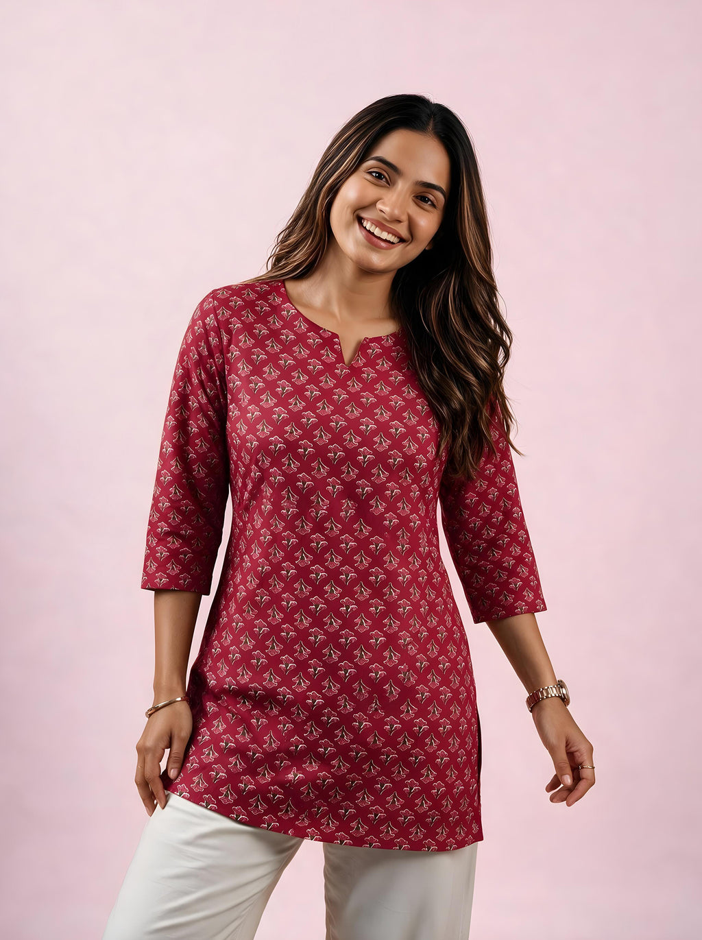 Cotton Notch Neck Short Kurti – Rose Red