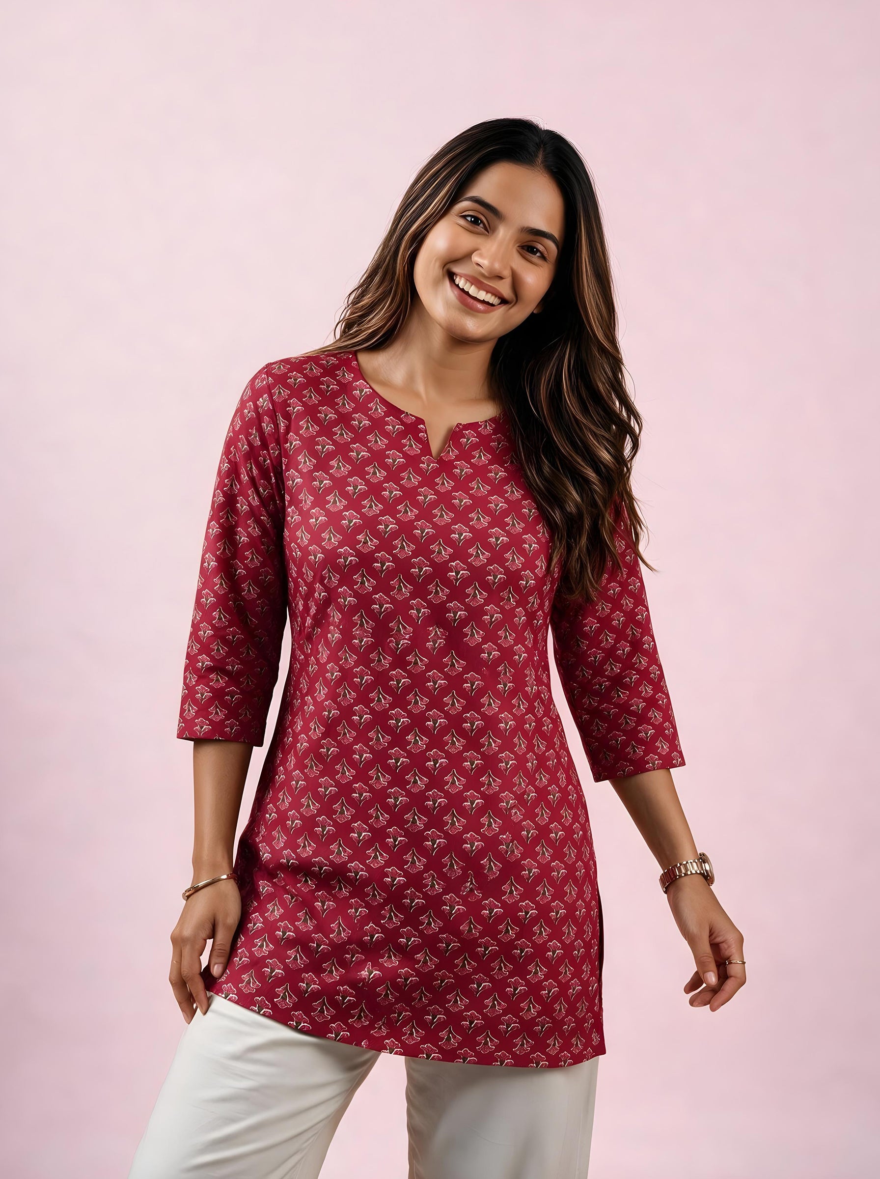 Cotton Notch Neck Short Kurti – Rose Red