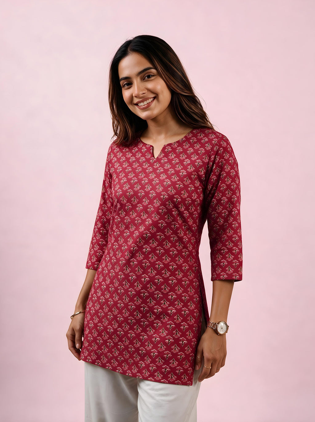 Cotton Notch Neck Short Kurti – Rose Red