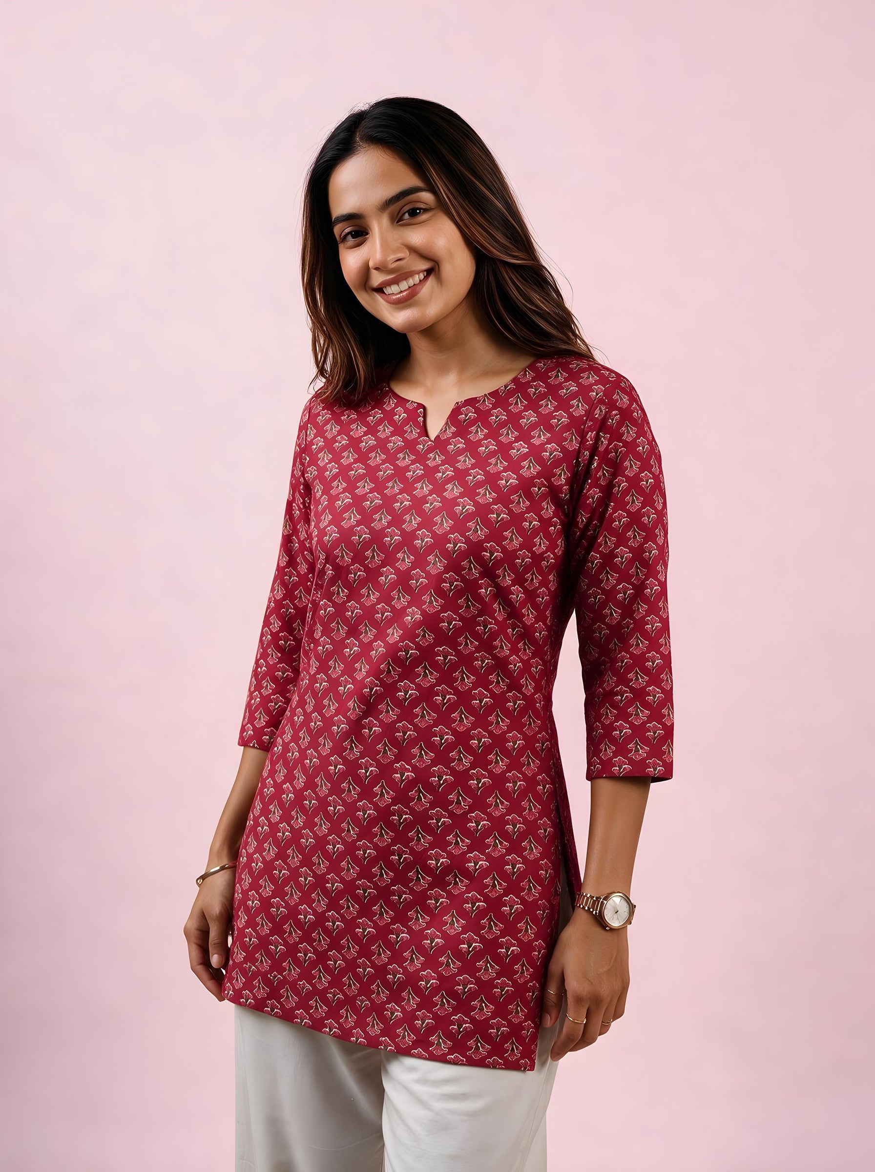 Cotton Notch Neck Short Kurti – Rose Red