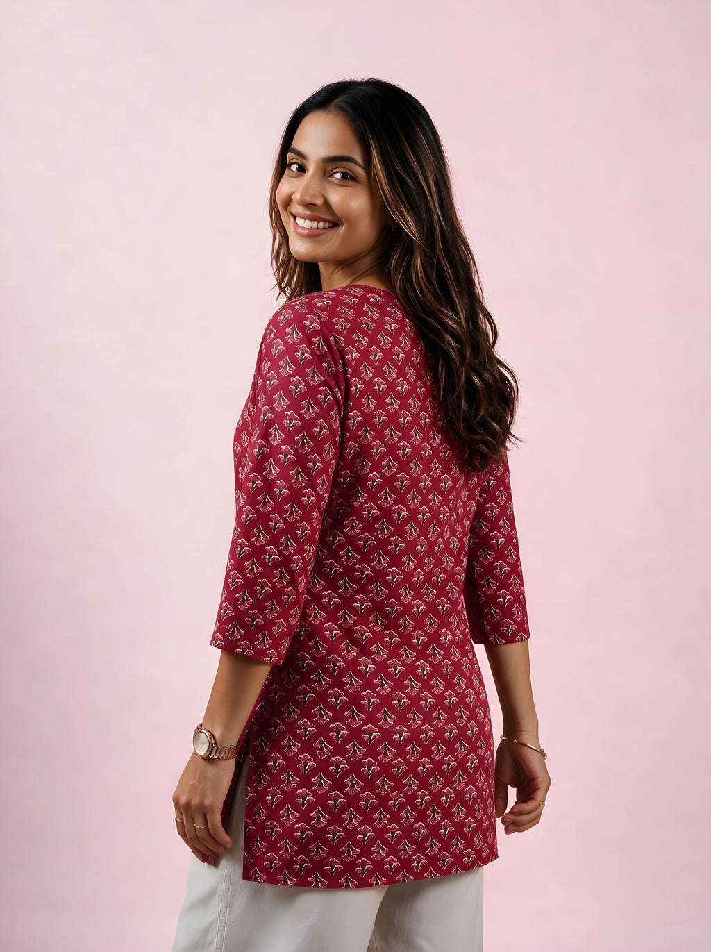 Cotton Notch Neck Short Kurti – Rose Red