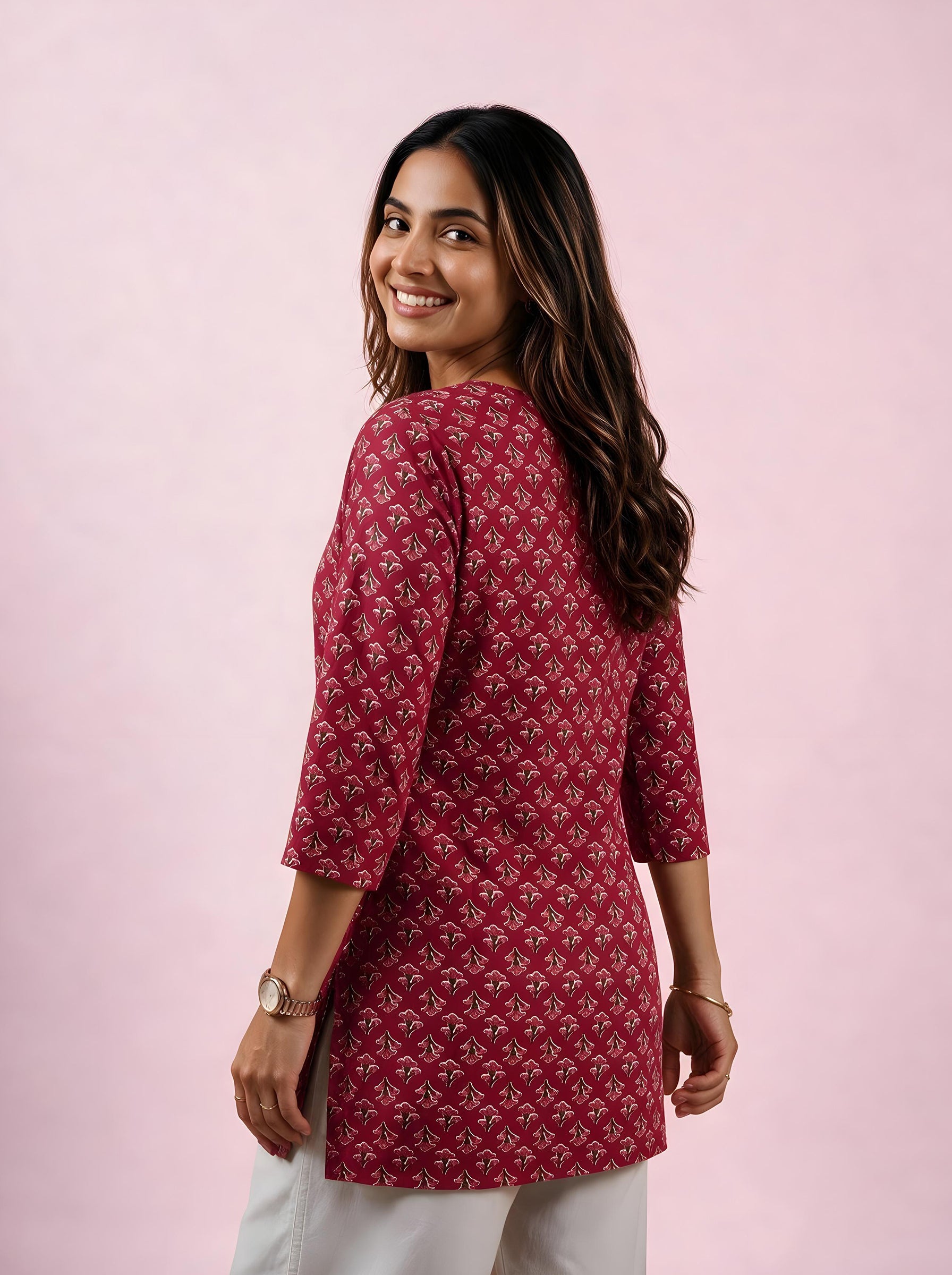 Cotton Notch Neck Short Kurti – Rose Red