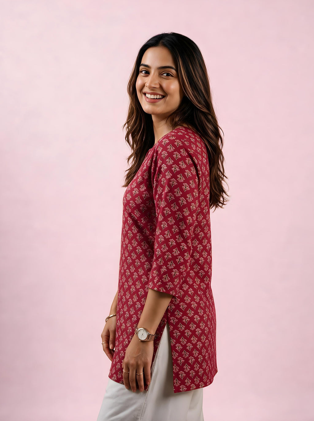 Cotton Notch Neck Short Kurti – Rose Red