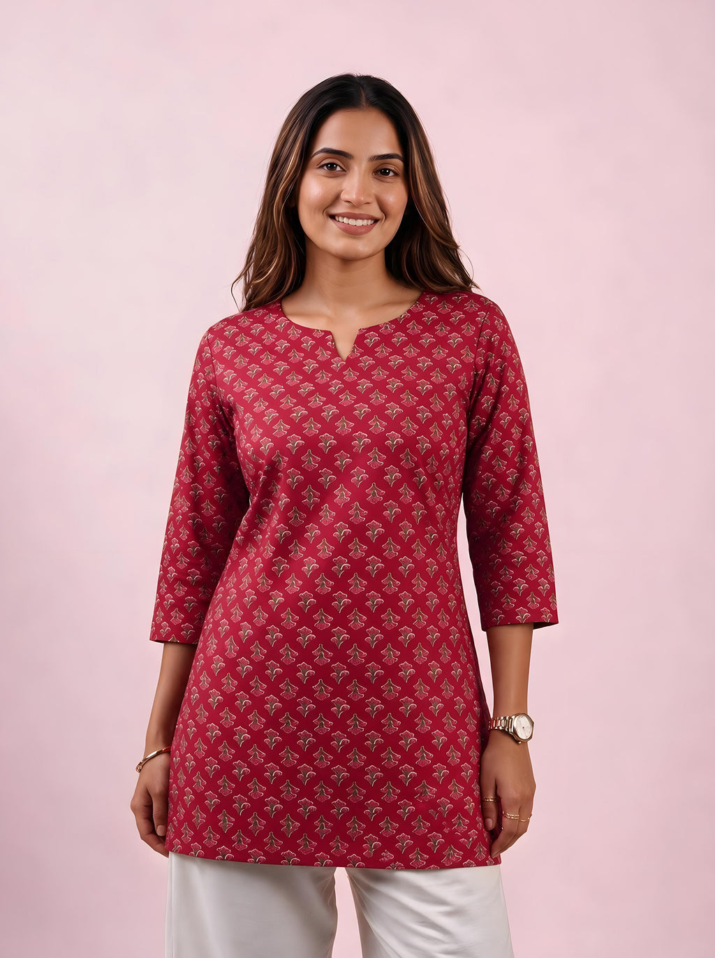 Cotton Notch Neck Short Kurti – Rose Red