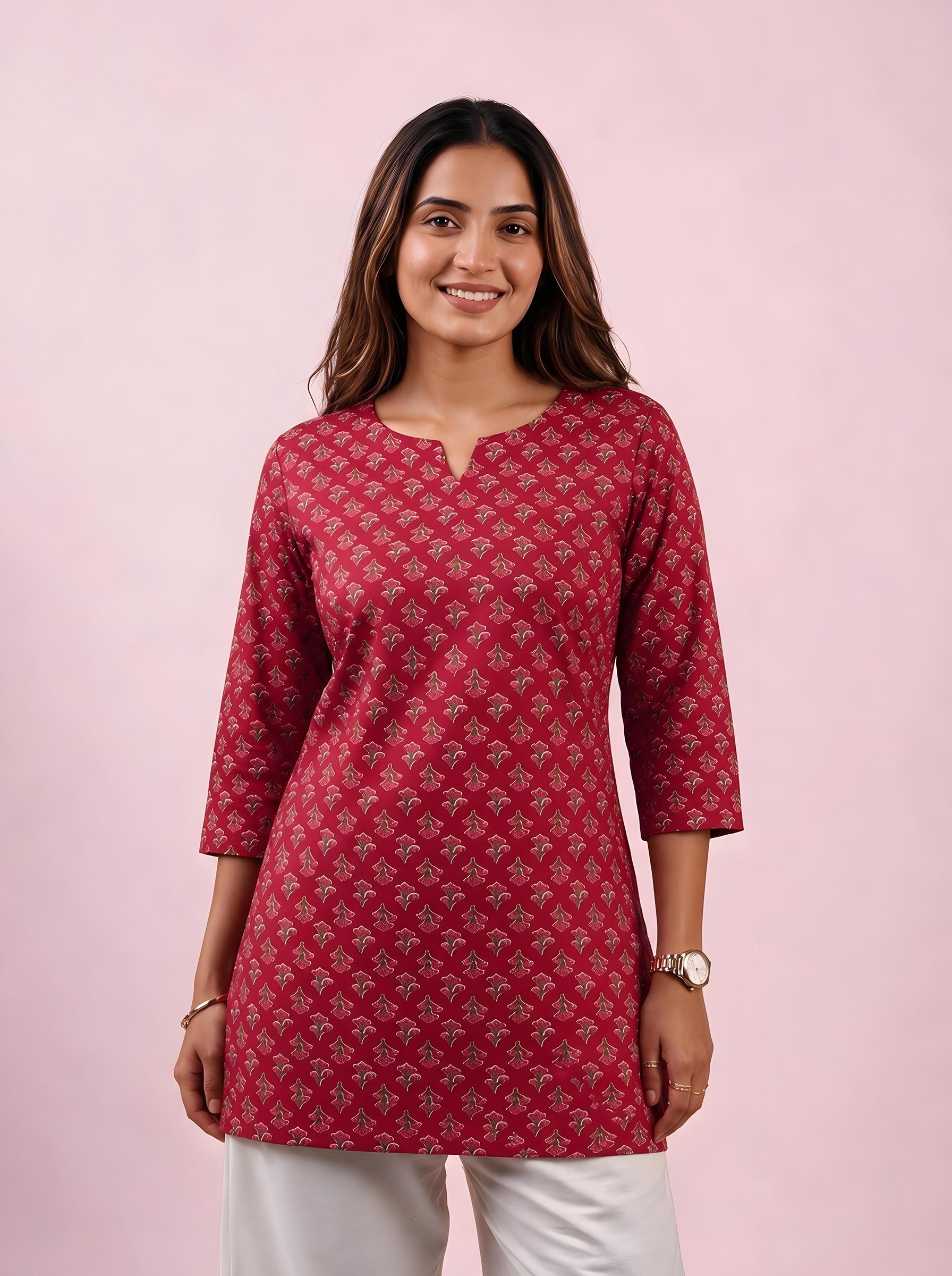 Cotton Notch Neck Short Kurti – Rose Red