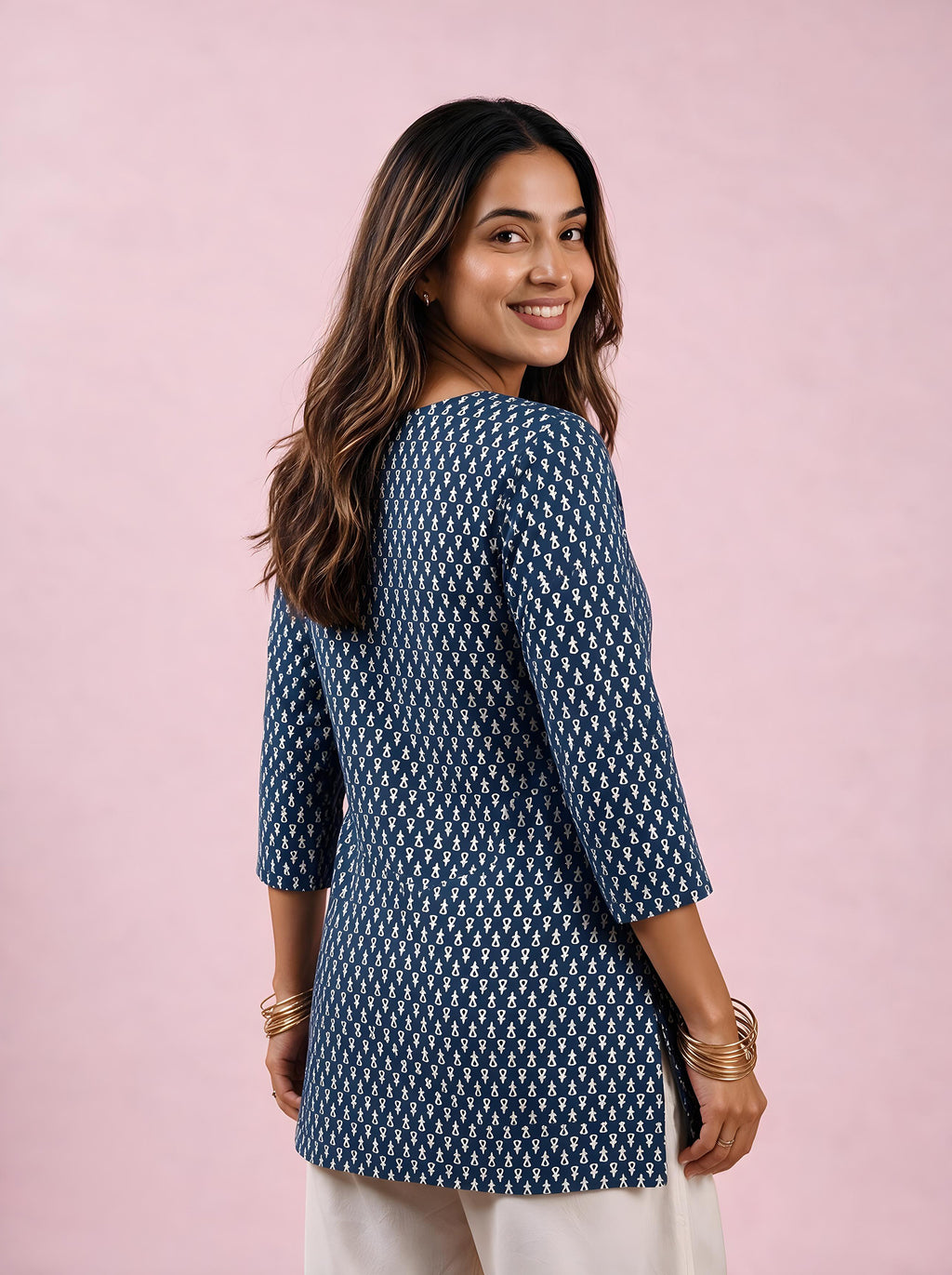 Cotton Notch Neck Short Kurti – Navy Blue