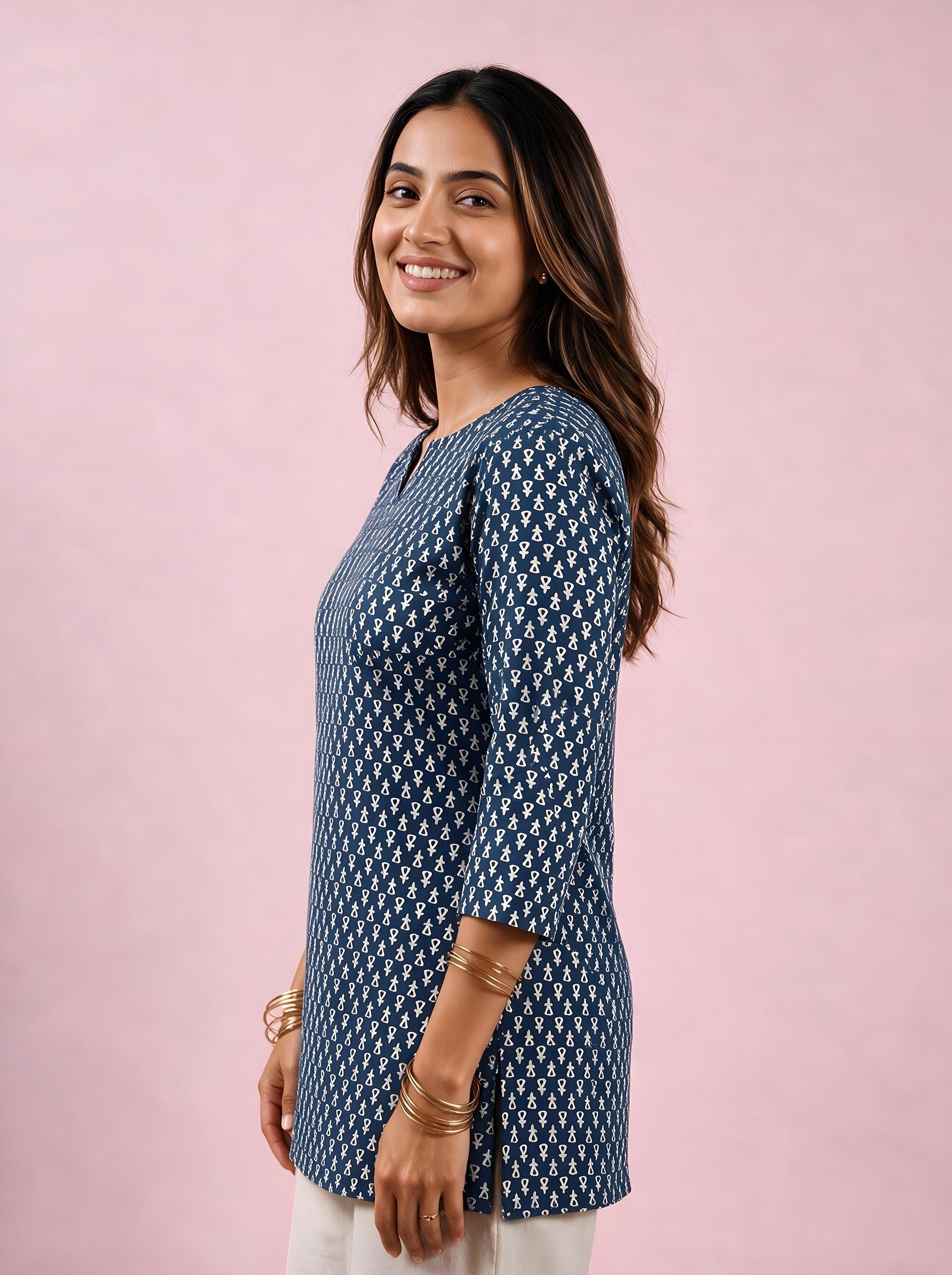 Cotton Notch Neck Short Kurti – Navy Blue