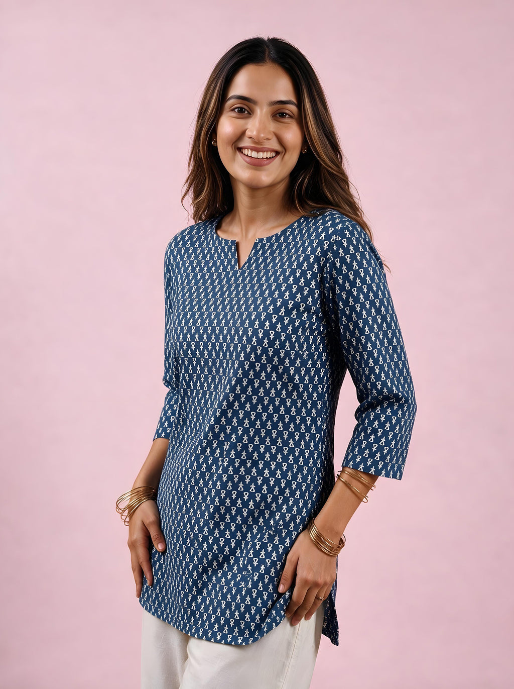 Cotton Notch Neck Short Kurti – Navy Blue