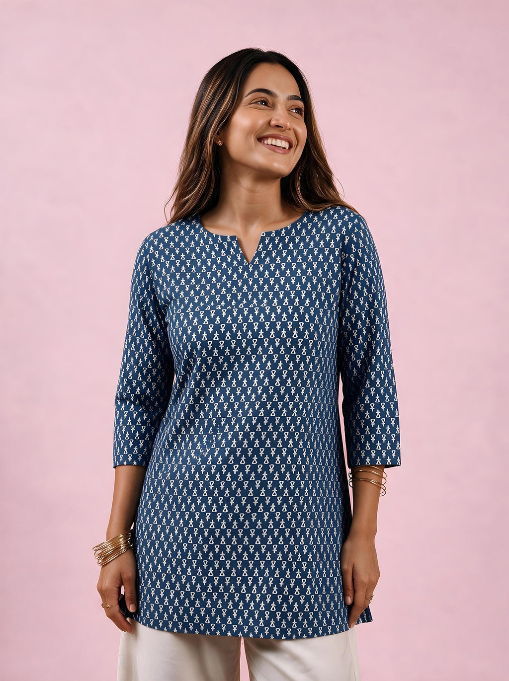 Cotton Notch Neck Short Kurti – Navy Blue