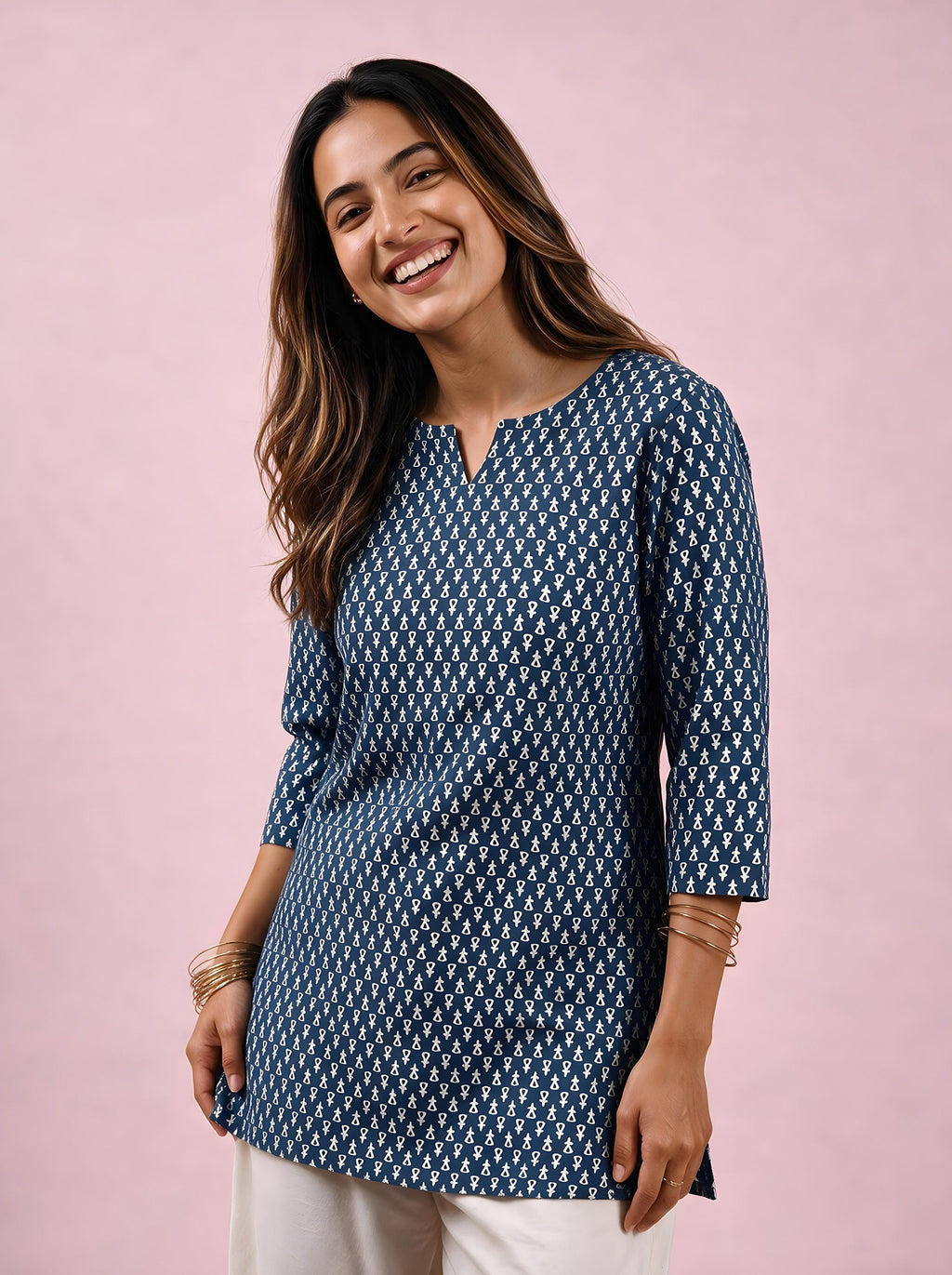 Cotton Notch Neck Short Kurti – Navy Blue