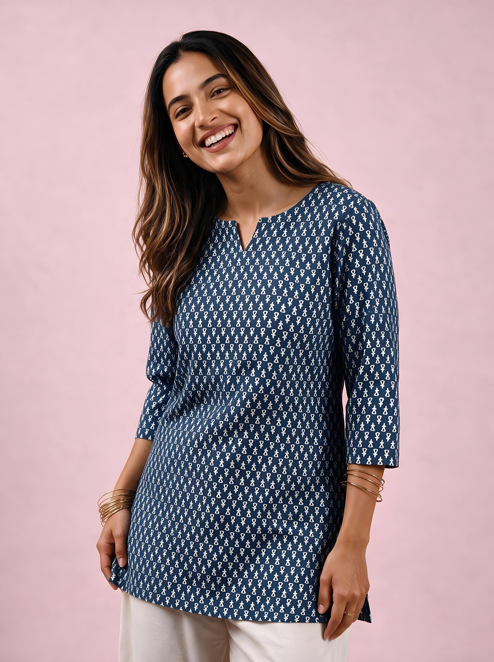 Cotton Notch Neck Short Kurti – Navy Blue
