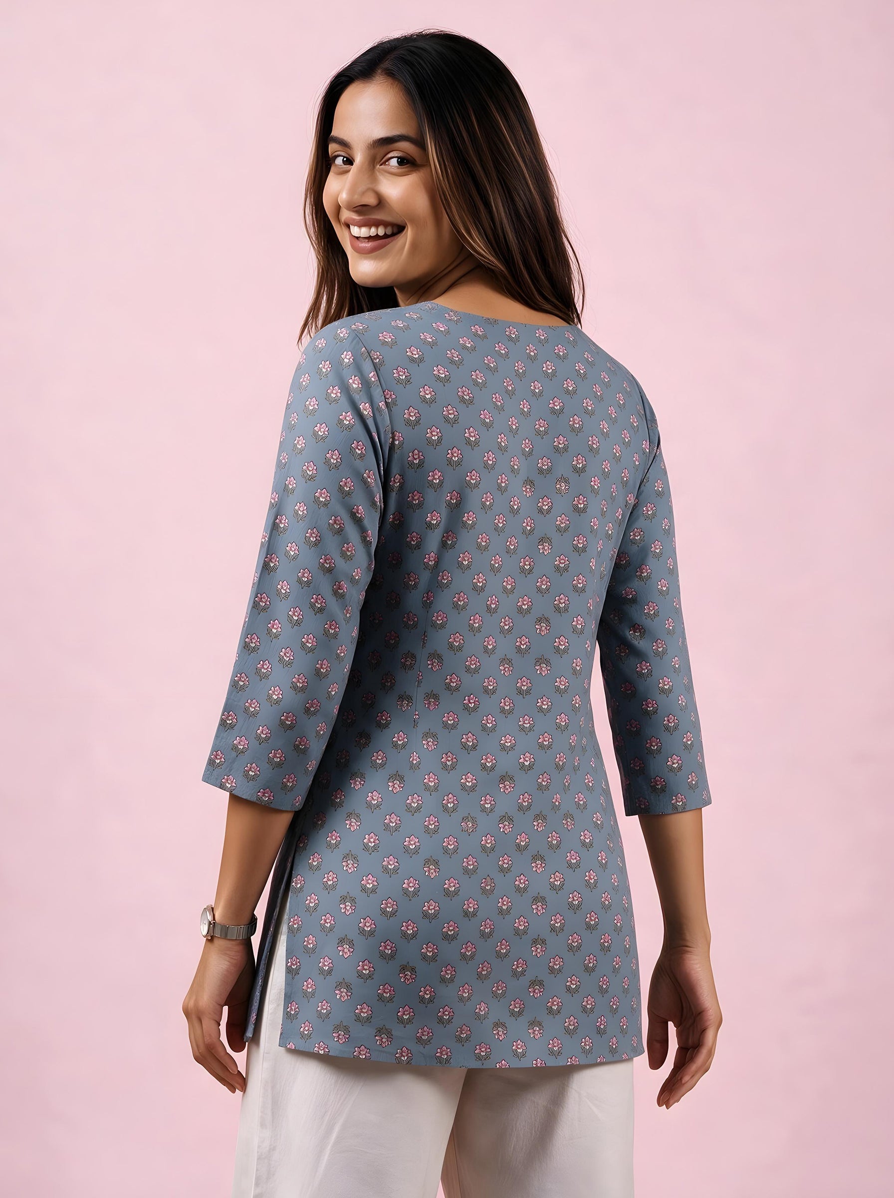 Cotton Notch Neck Short Kurti – Grey