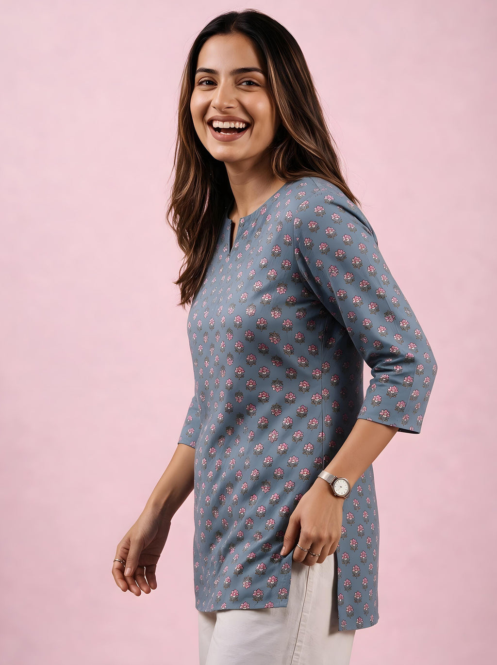 Cotton Notch Neck Short Kurti – Grey