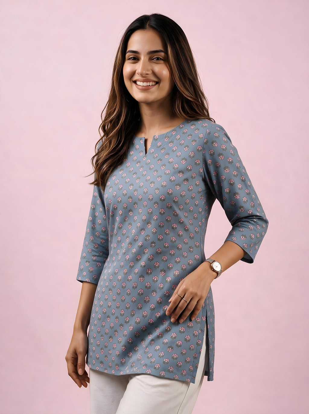 Cotton Notch Neck Short Kurti – Grey