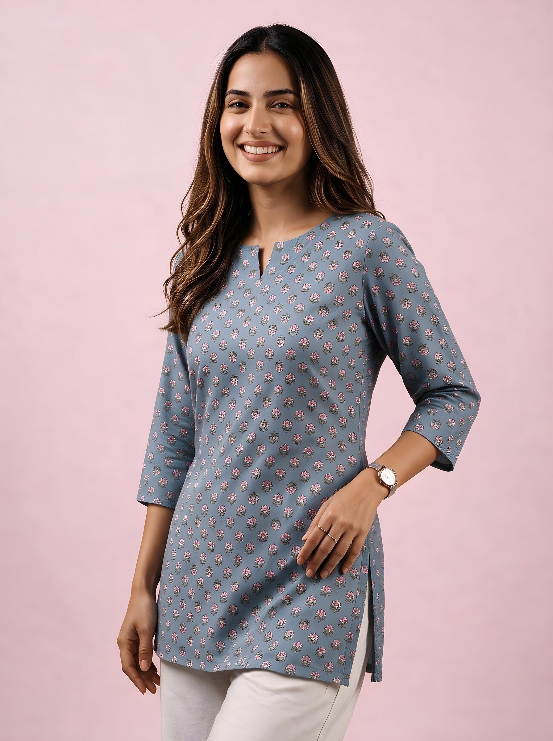 Cotton Notch Neck Short Kurti – Grey