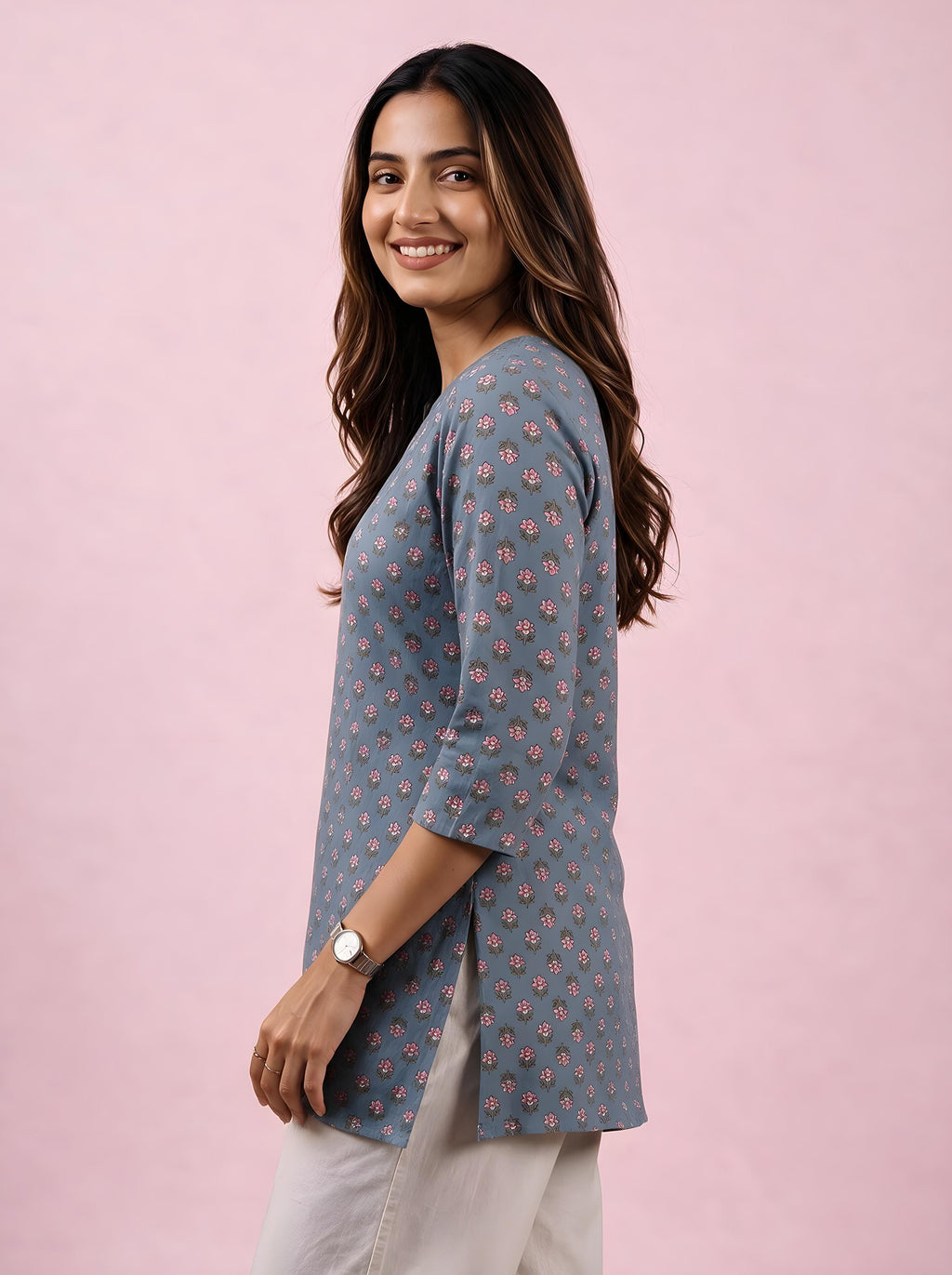 Cotton Notch Neck Short Kurti – Grey