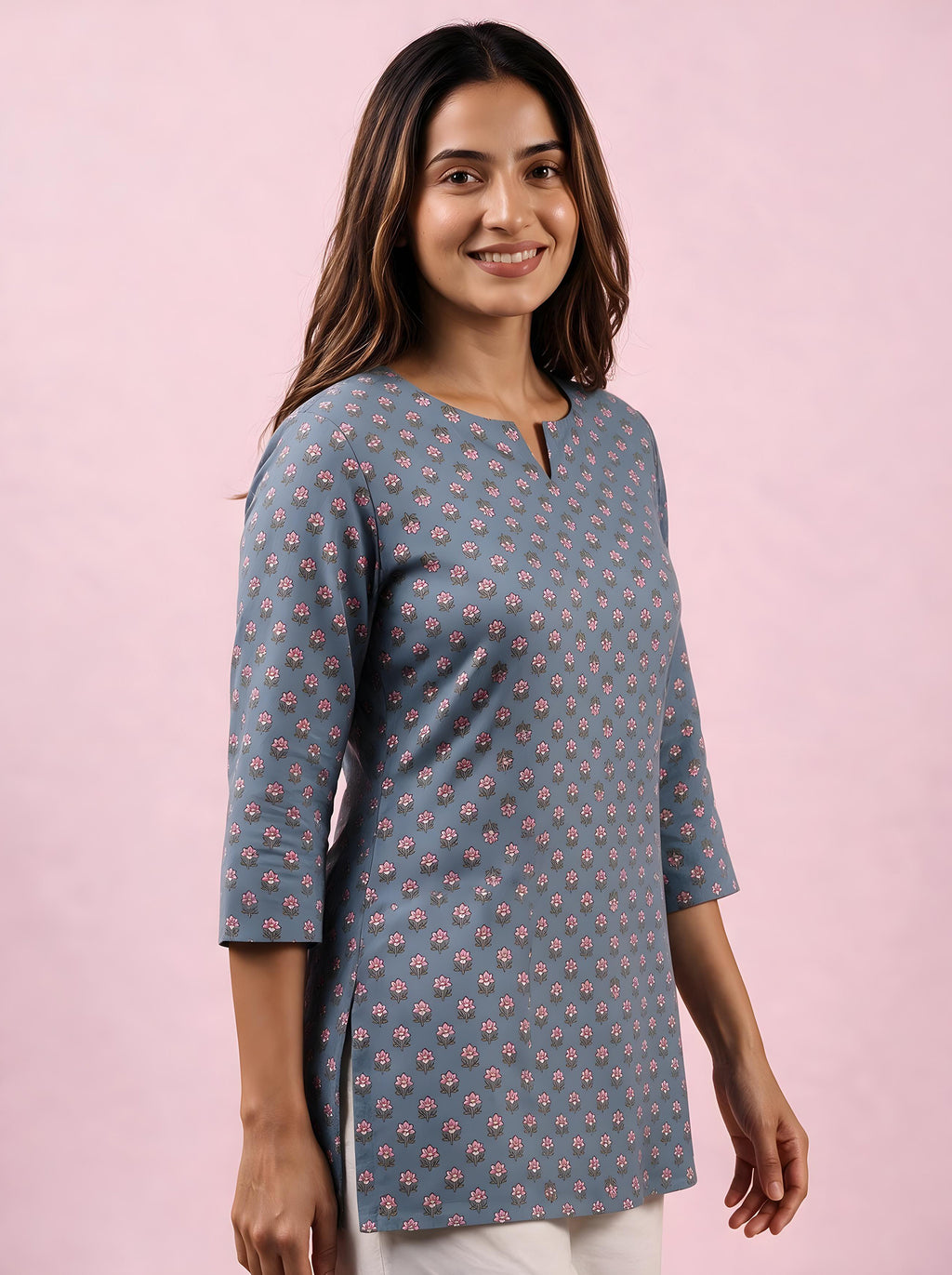 Cotton Notch Neck Short Kurti – Grey