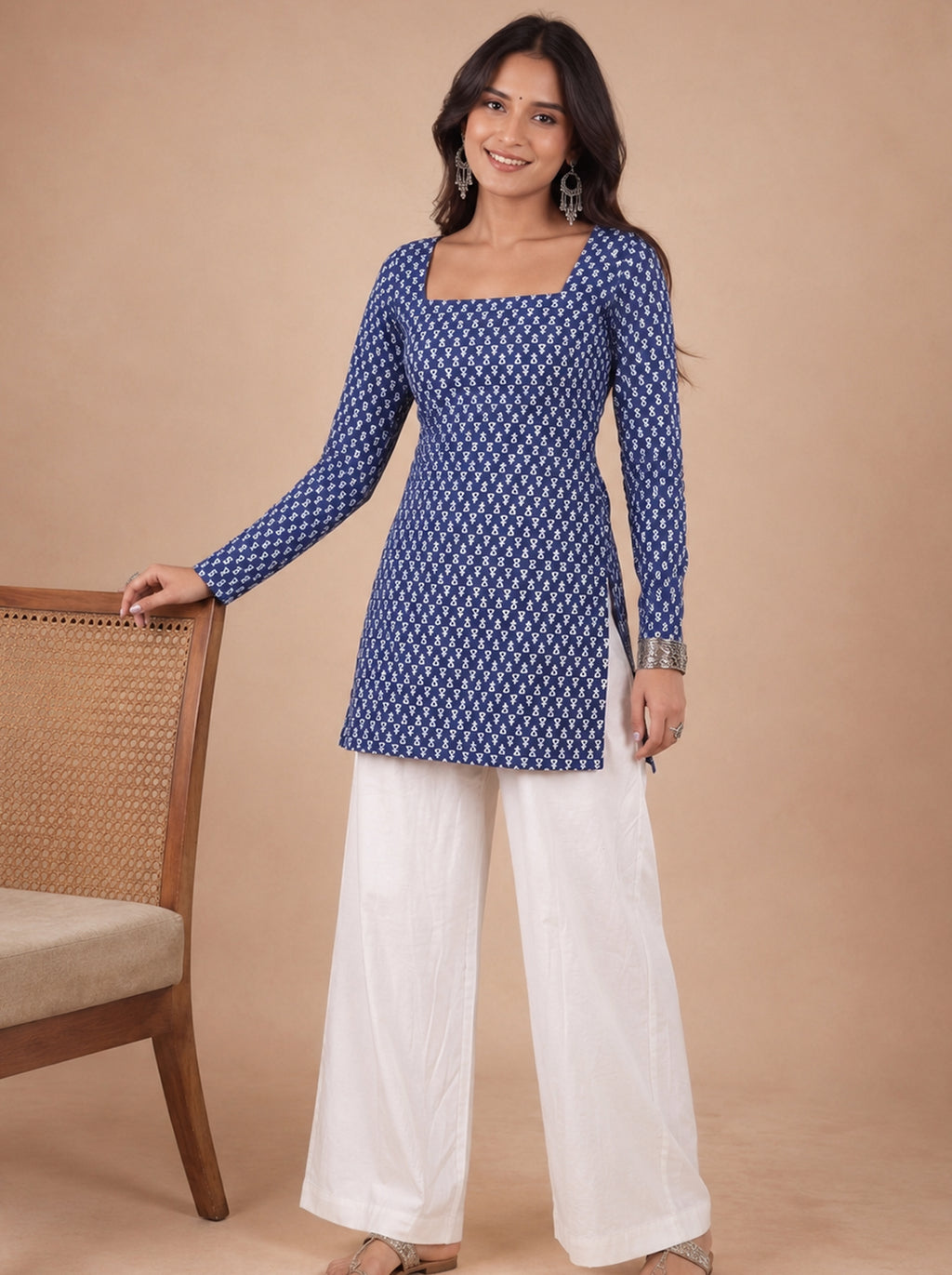 Cotton Square Neck Kurti Top – Navy Blue