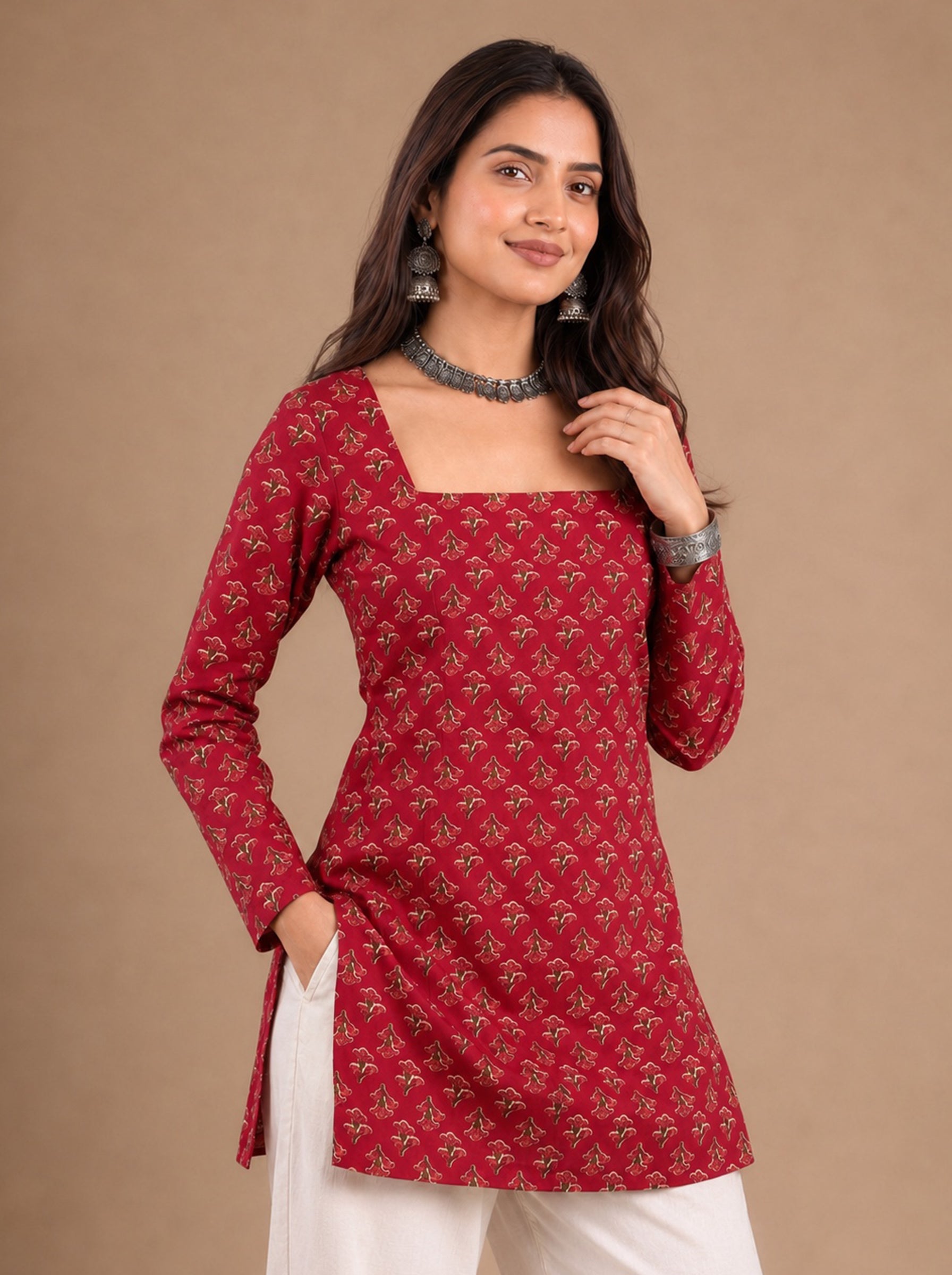 Cotton Square Neck Kurti Top – Rose Red