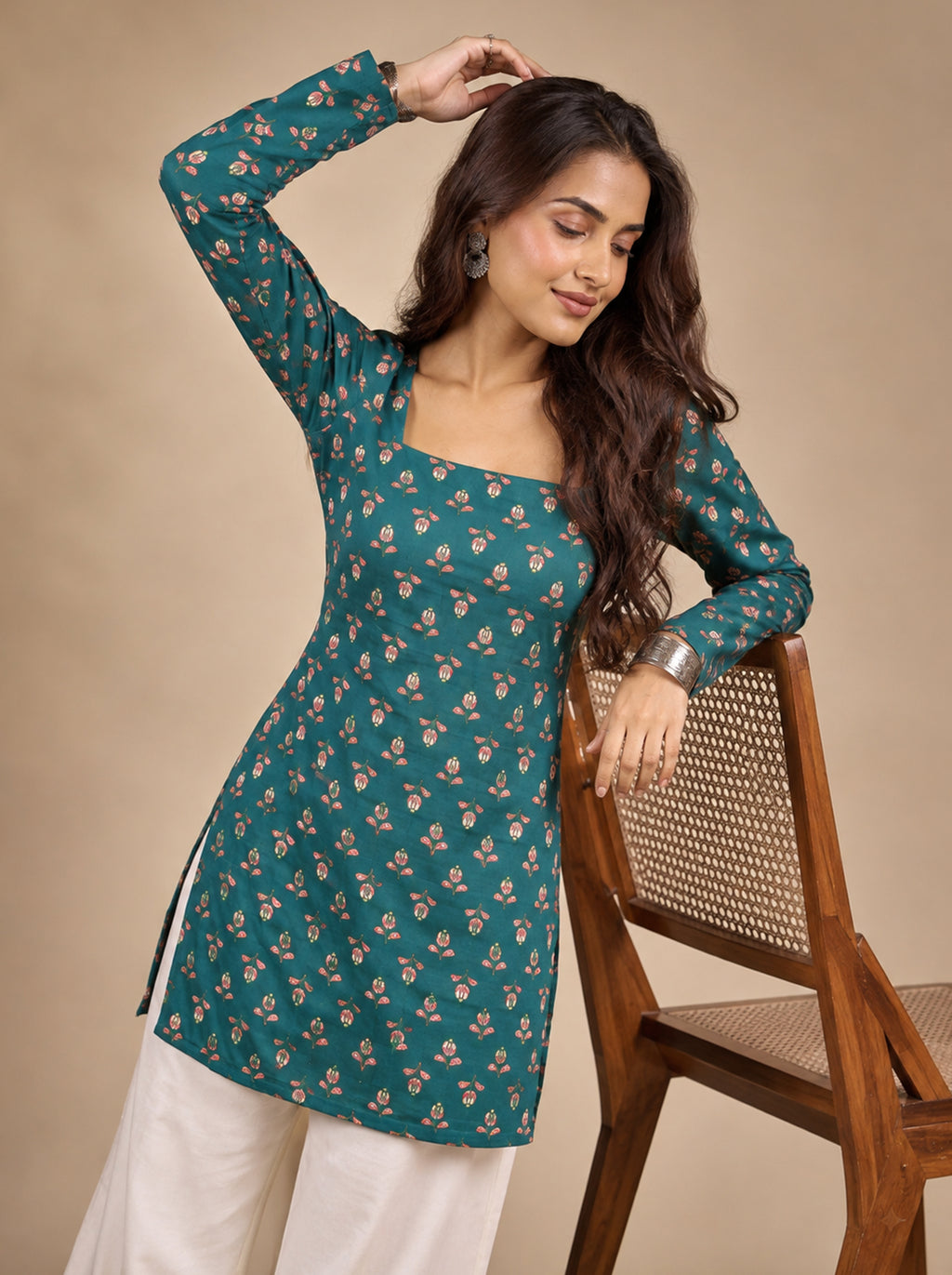 Cotton Square Neck Corset Kurti – Green