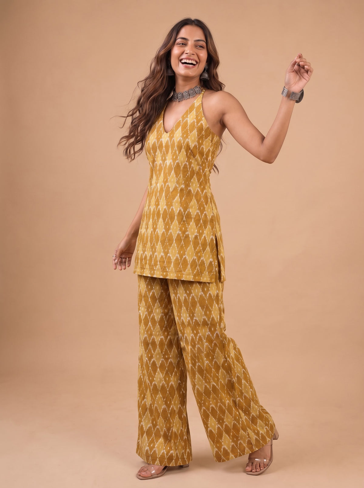 Cotton Halter Neck Kurti Palazzo Set – Yellow