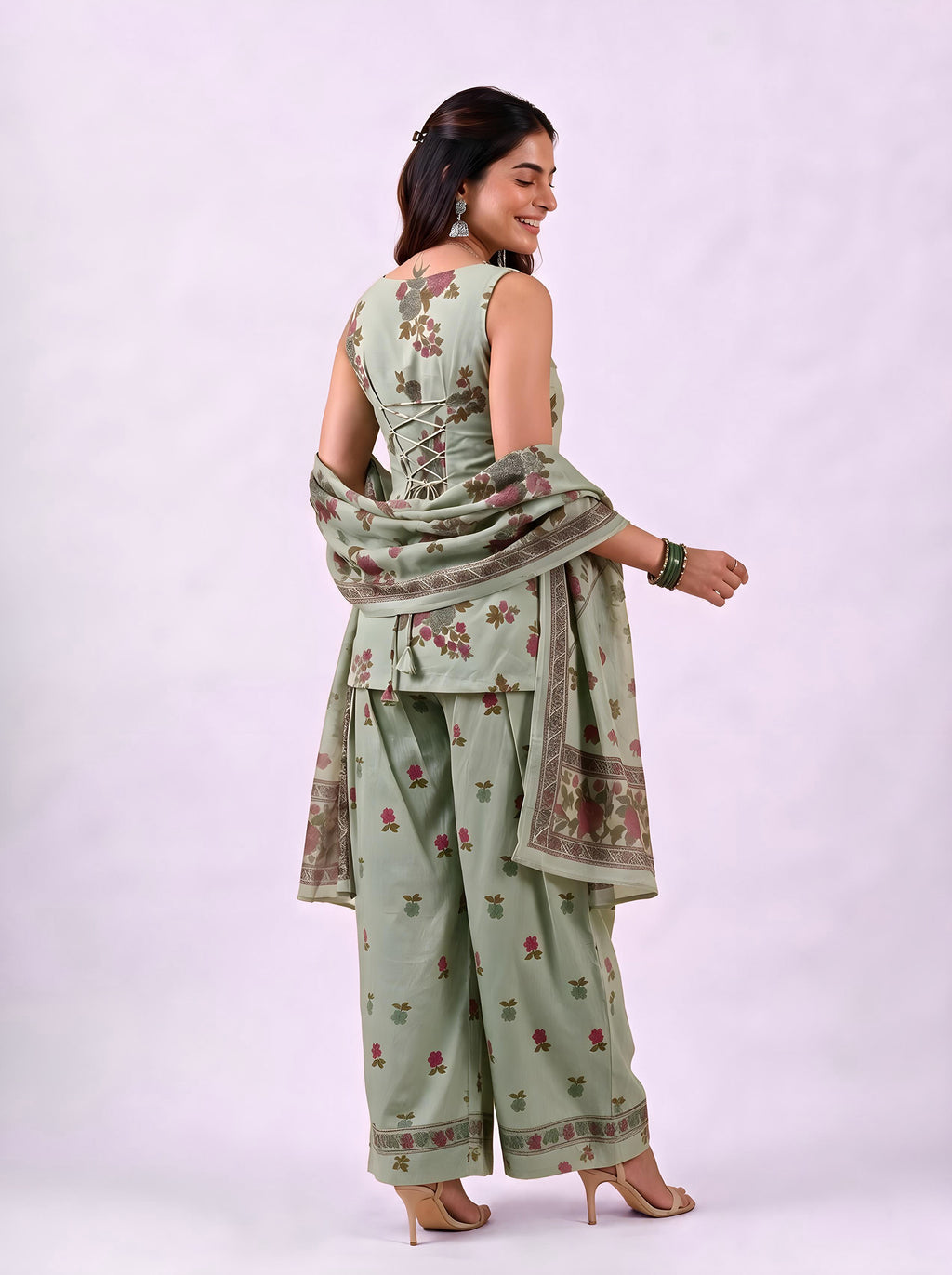 Cotton Corset Kurti Salwar Dupatta Set – Green