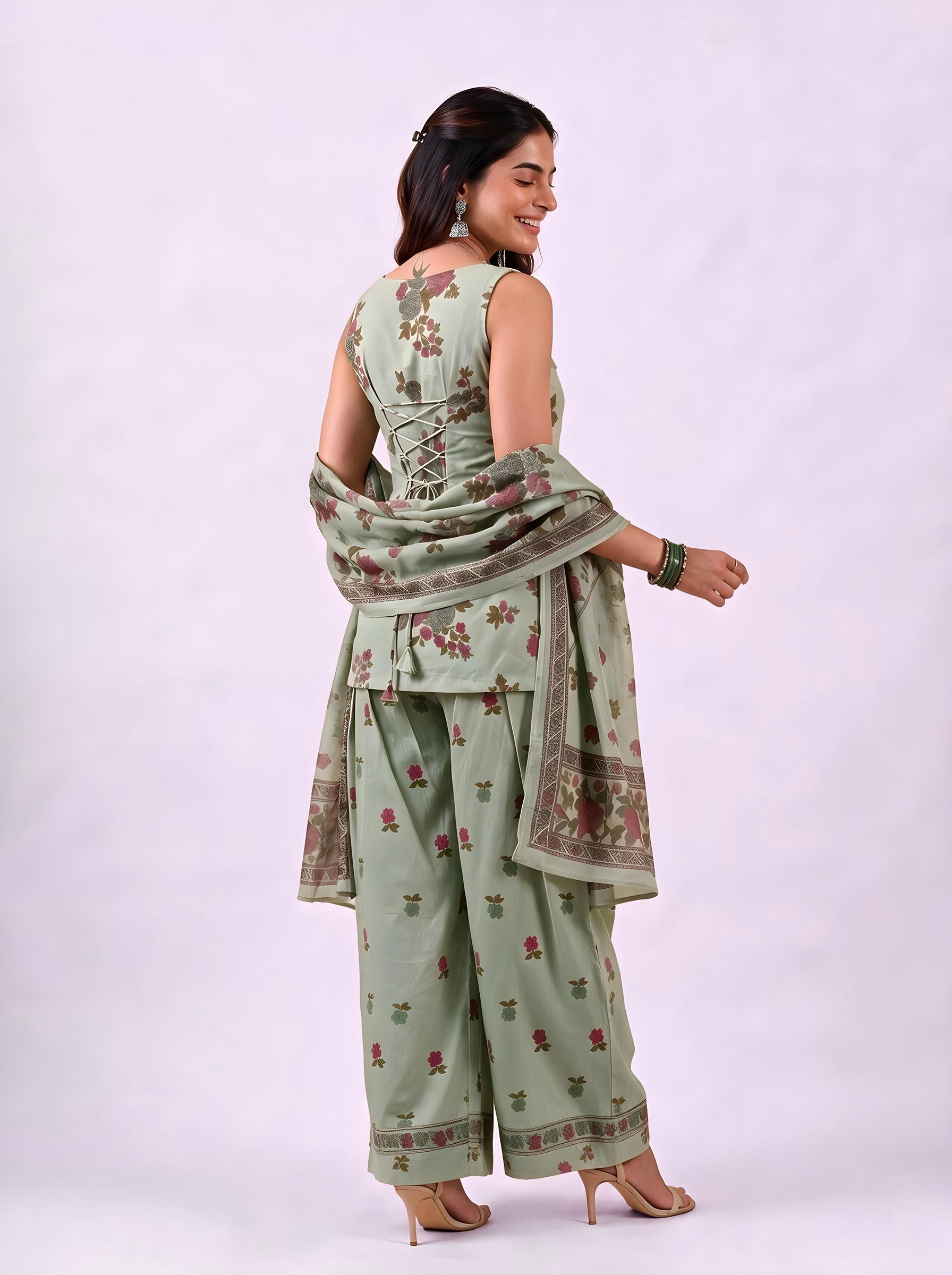 Cotton Corset Kurti Salwar Dupatta Set – Green