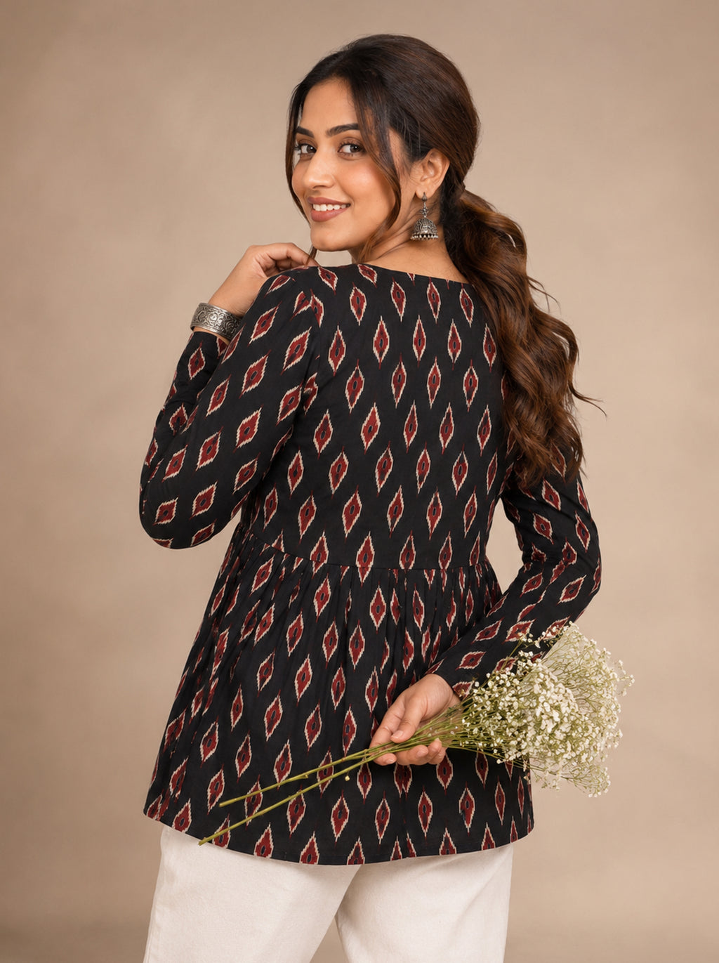 Cotton V Neck Peplum Kurti – Black
