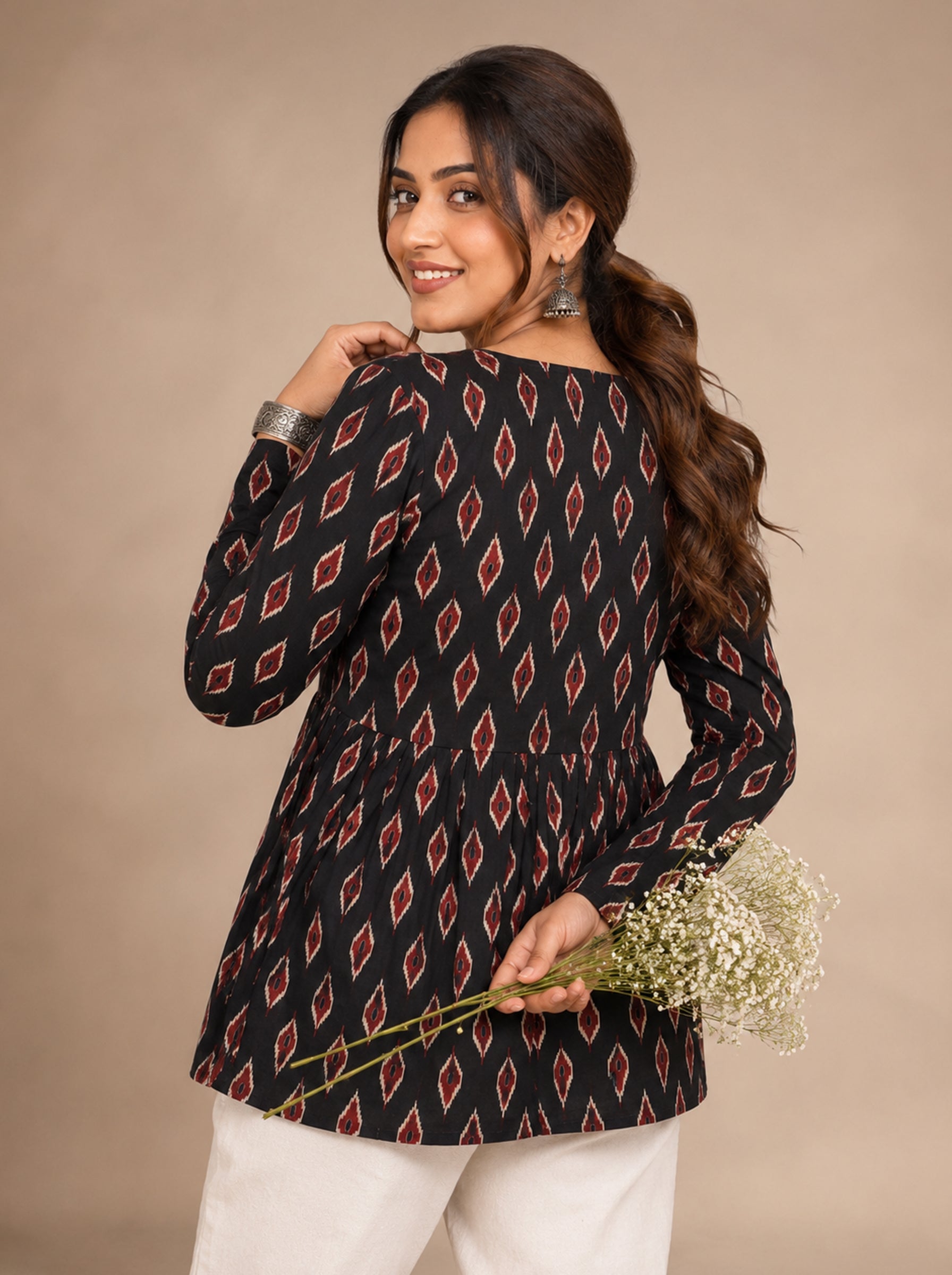 Cotton V Neck Peplum Kurti – Black