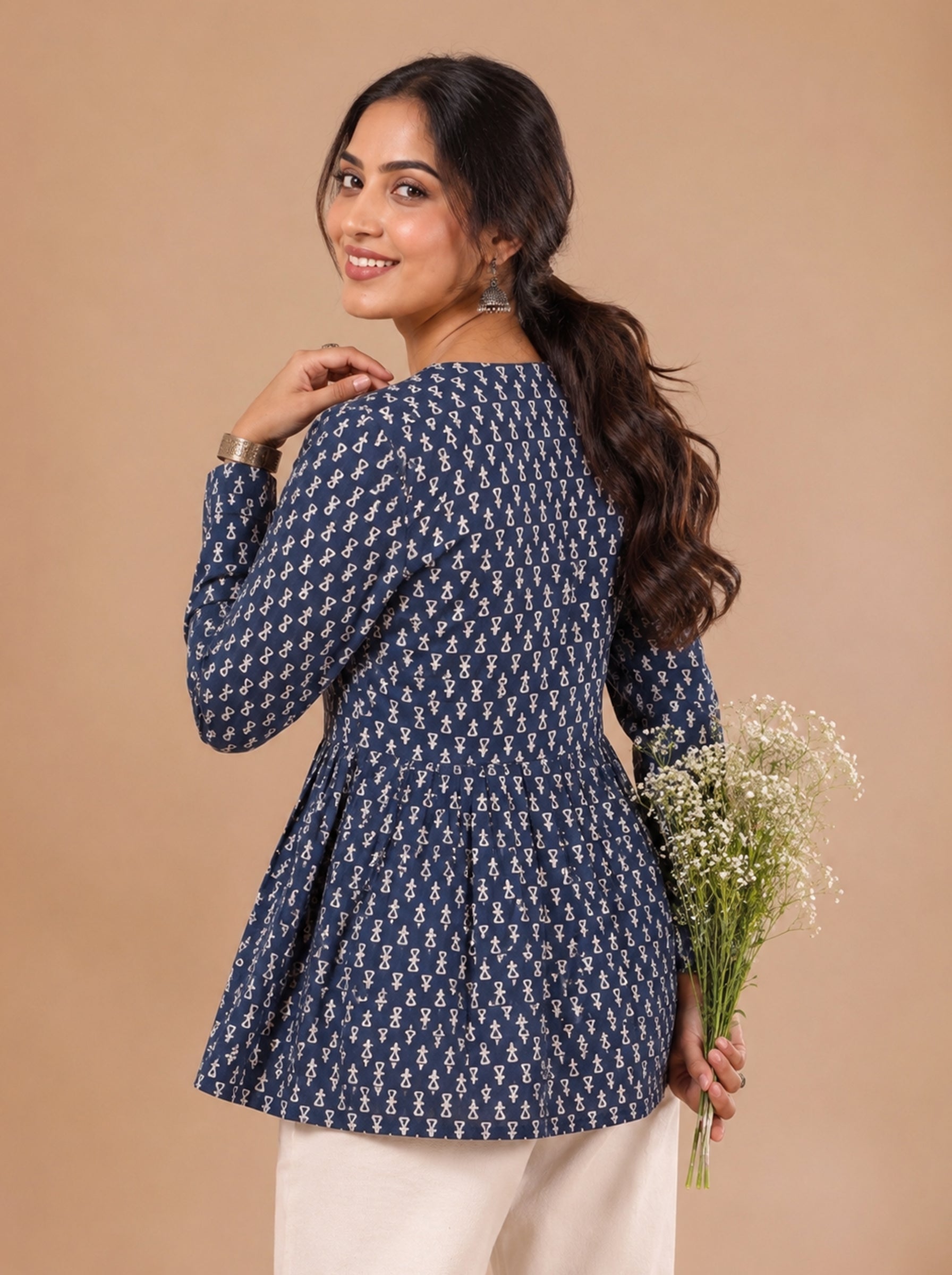 Cotton V Neck Peplum Kurti – Navy Blue